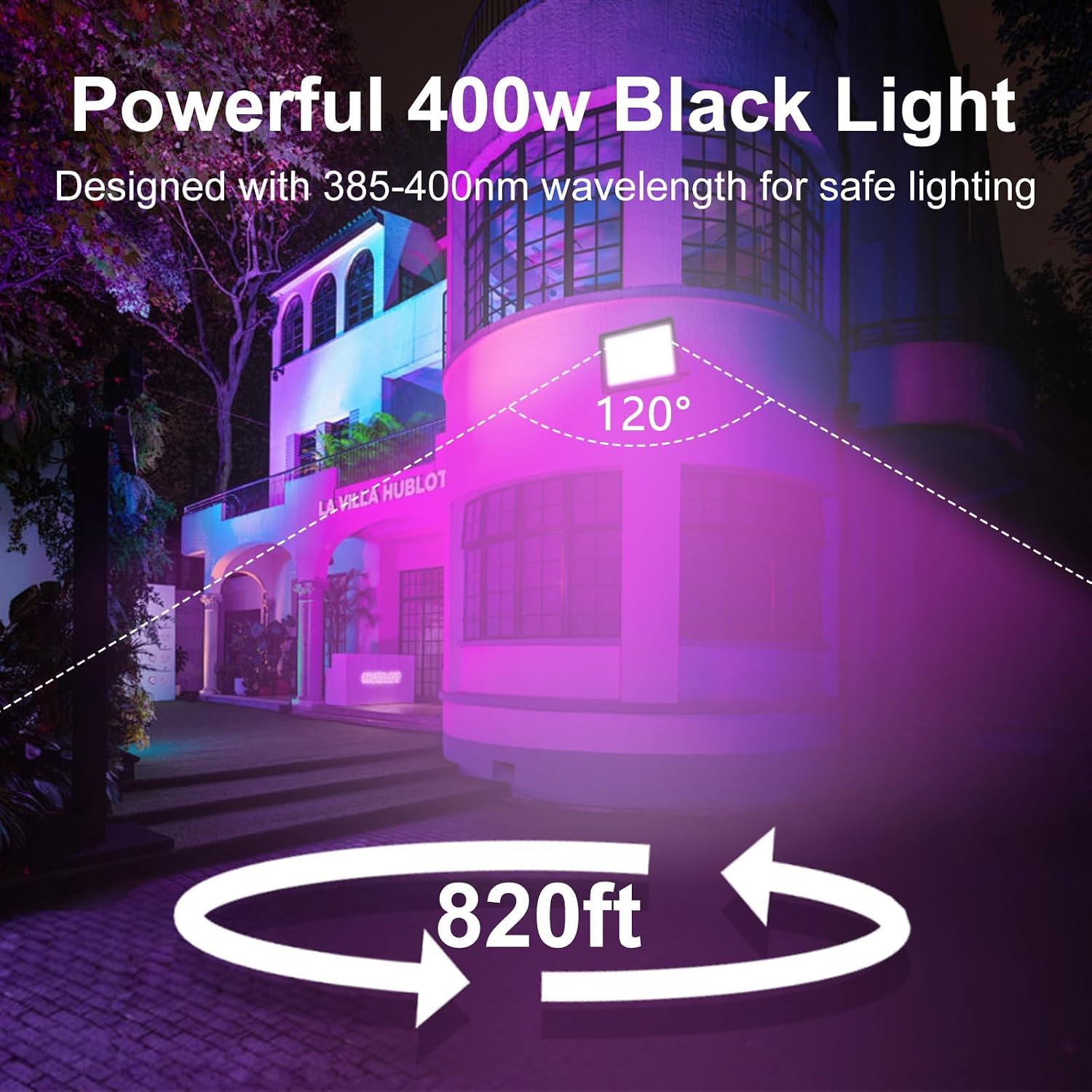 400W LED Black Light Outdoor, IP66 Waterproof UV Flood Light with Plug and Switch, 385-400nm Blacklight, 180° Adjustable, Glow in The Dark Light for Halloween, Party, Body Paint, Stage, Yard