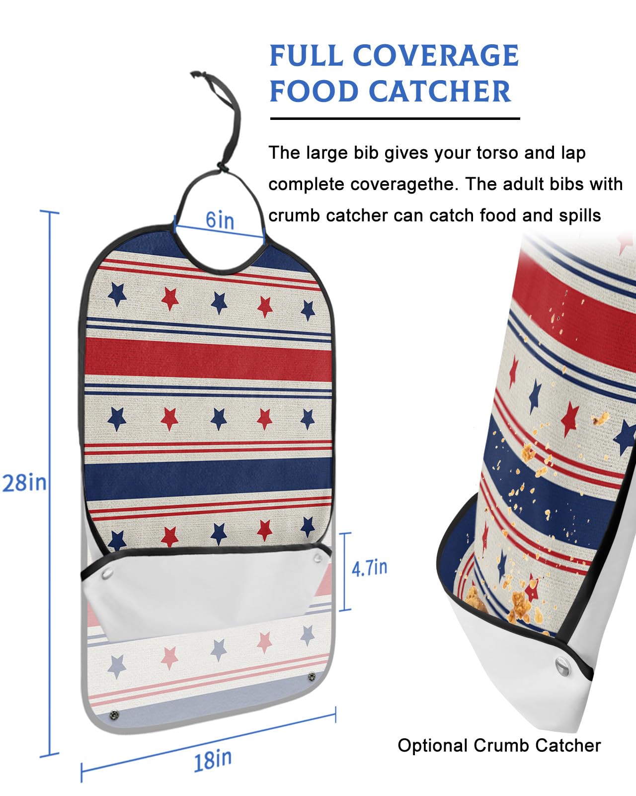 Kewadony Adult Bibs for Elderly Women - 4th of July Stripes Waterproof Dining Clothing Protectors with Crumb Catcher for Eating/Feeding, Vintage Independence Day Star Terry Cloth Bib Machine Washable