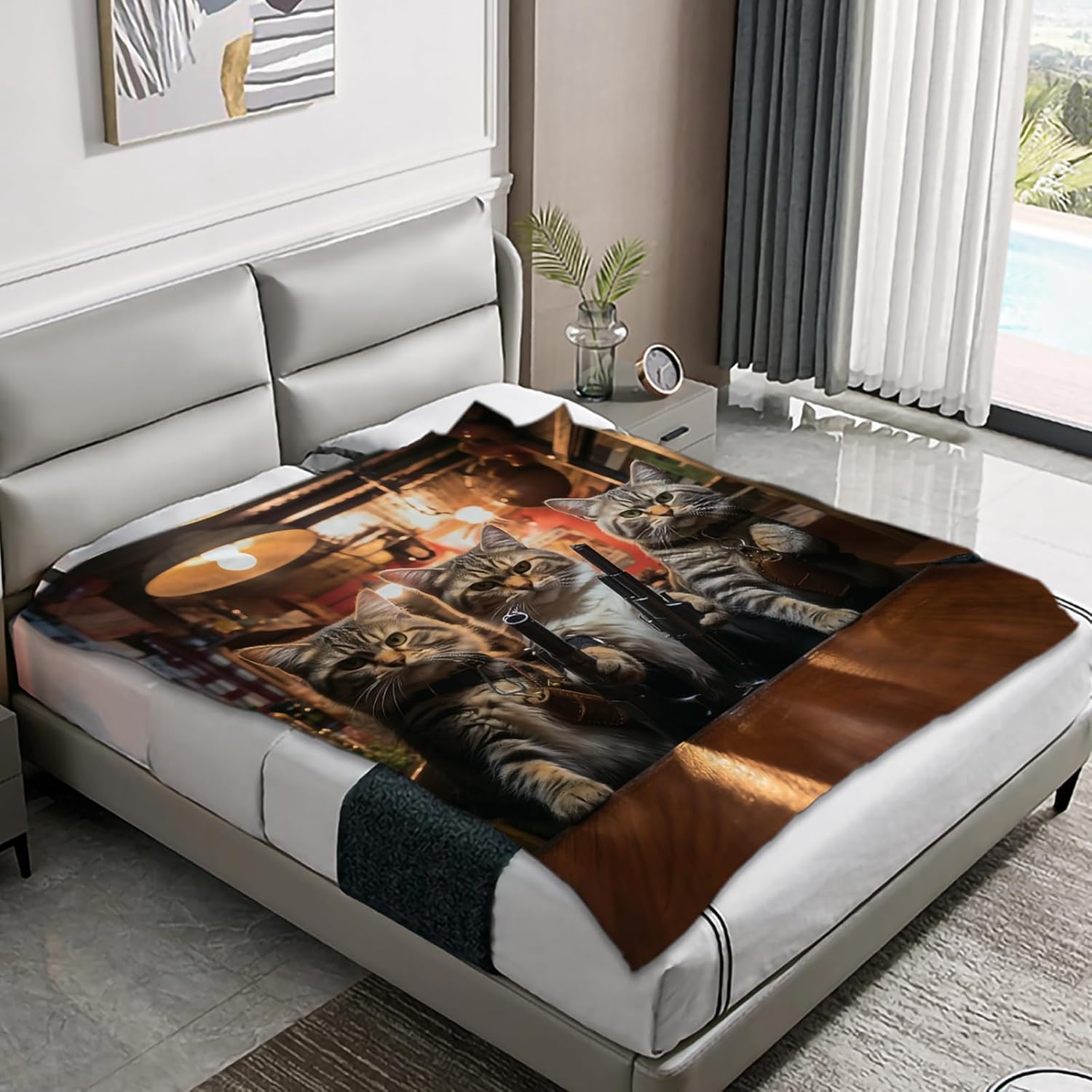 Funny Cat Blanket Western Country Cool Kitten with Gun Throw Blanket for Couch Fuzzy Personalized Soft Fleece Flannel Blanket for Adults (60" x 80")