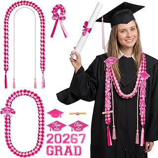 Canlierr 17 Pcs Graduation Leis Cord Set Class of 2026 Grad Ribbon Money Lei Braided Necklace Graduation Gift for Men Women Party Supplies(Pink Hot Pink)