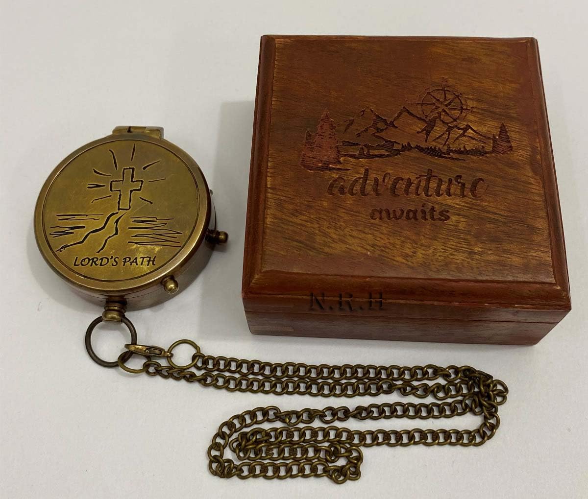 Brújula de Bolsillo grabada de latón, brújula, brújula Marina Vintage, brújula de Trabajo Coleccionable en Cadena con Caja de Madera, Regalo para Marido, Regalo para Ella, Regalo de Boda