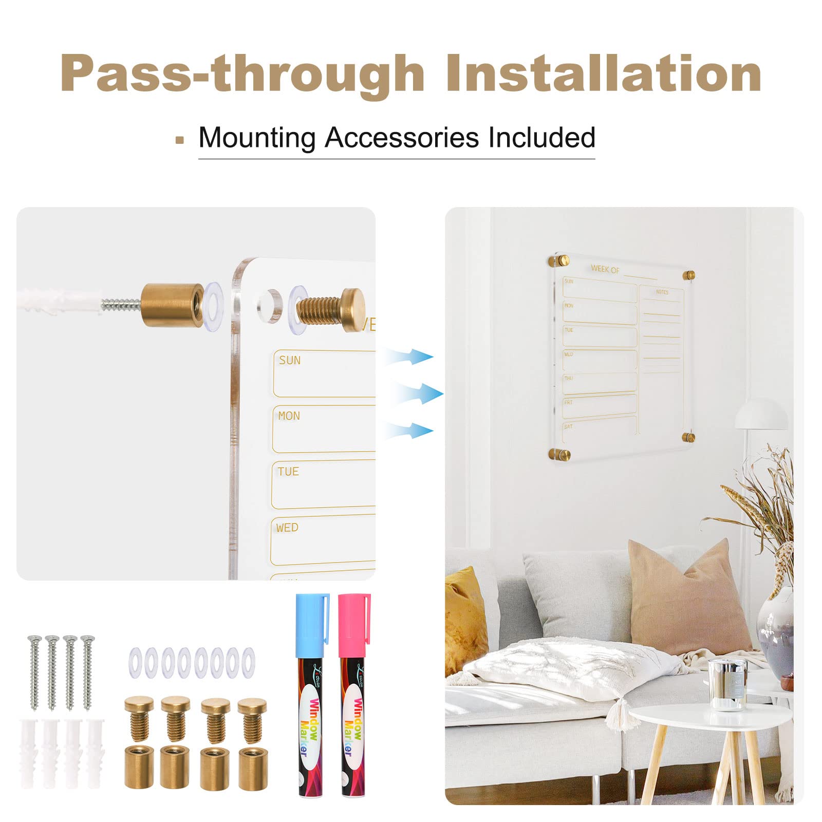 AMUSIGHT Acrylic Clear Dry Erase Whiteboard, 12" x 14" Golden Weekly Calendar Small White Board for Wall