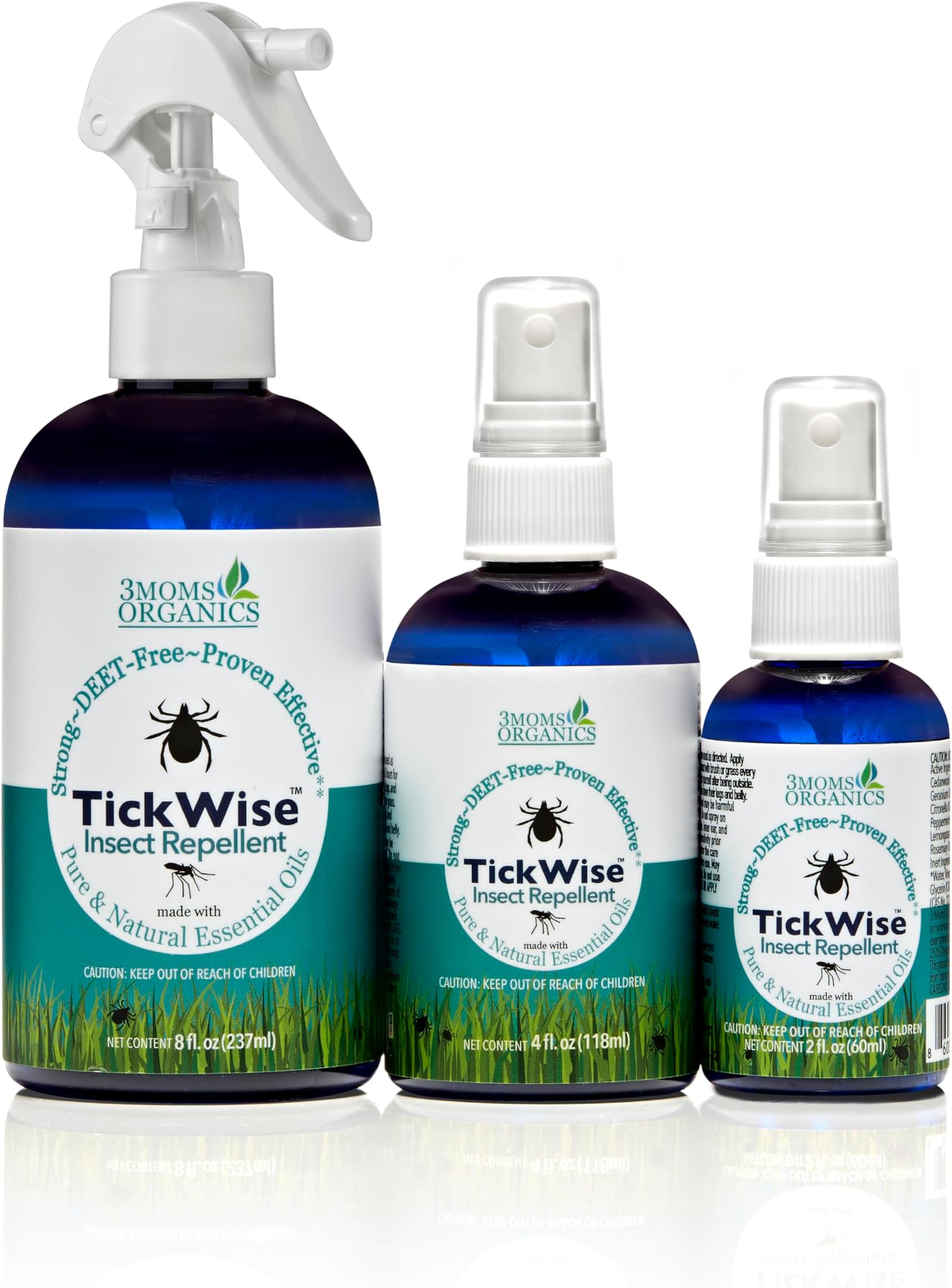 3 Moms Organics TickWise | DEET- Free, Tick and Insect Repellent | Plant Based Essential Oils and All Natural Ingredients | Safe for Kids, Adults, Dogs and HorsesTrio 8oz,4oz,2oz
