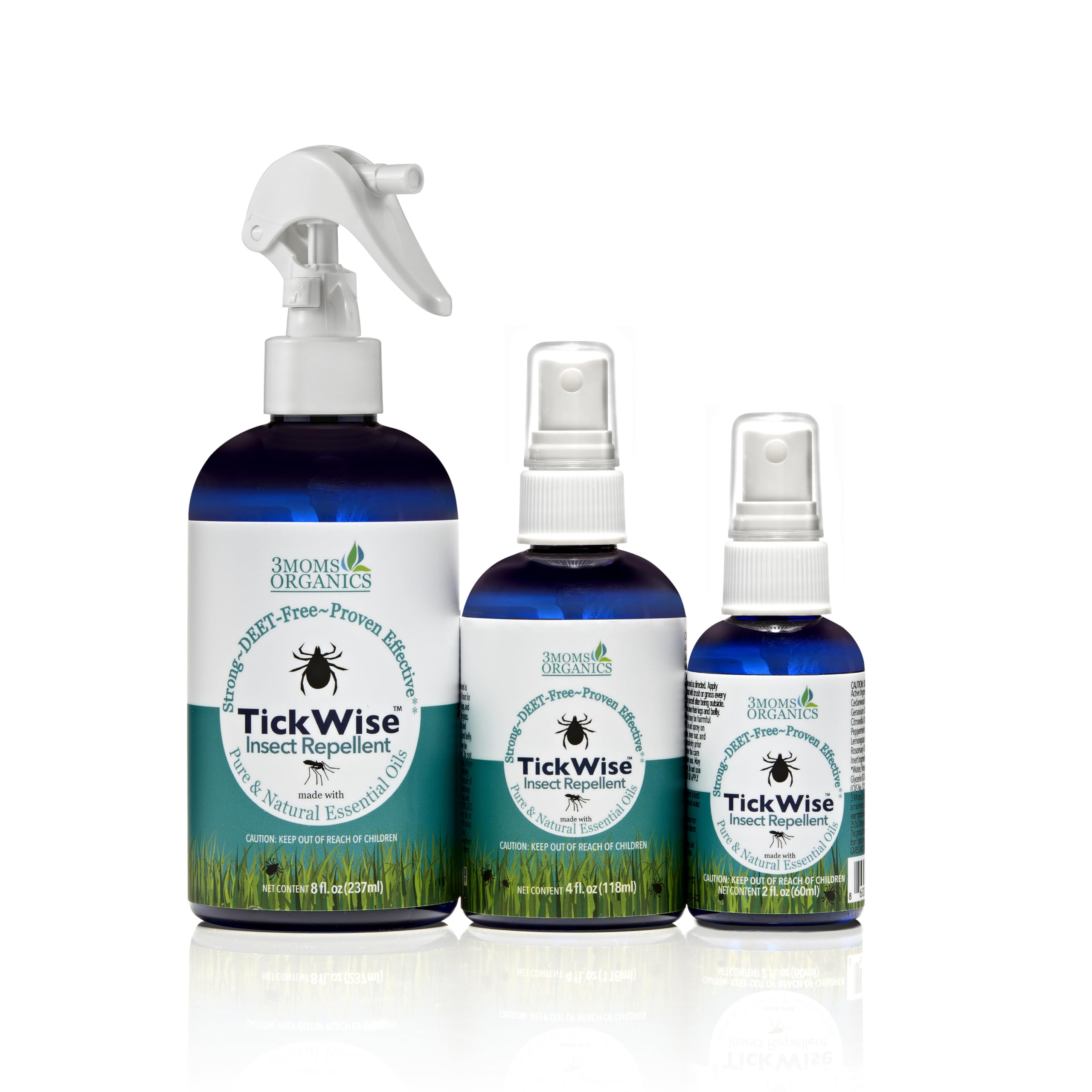 3 Moms Organics TickWise | DEET- Free, Tick and Insect Repellent | Plant Based Essential Oils and All Natural Ingredients | Safe for Kids, Adults, Dogs and HorsesTrio 8oz,4oz,2oz