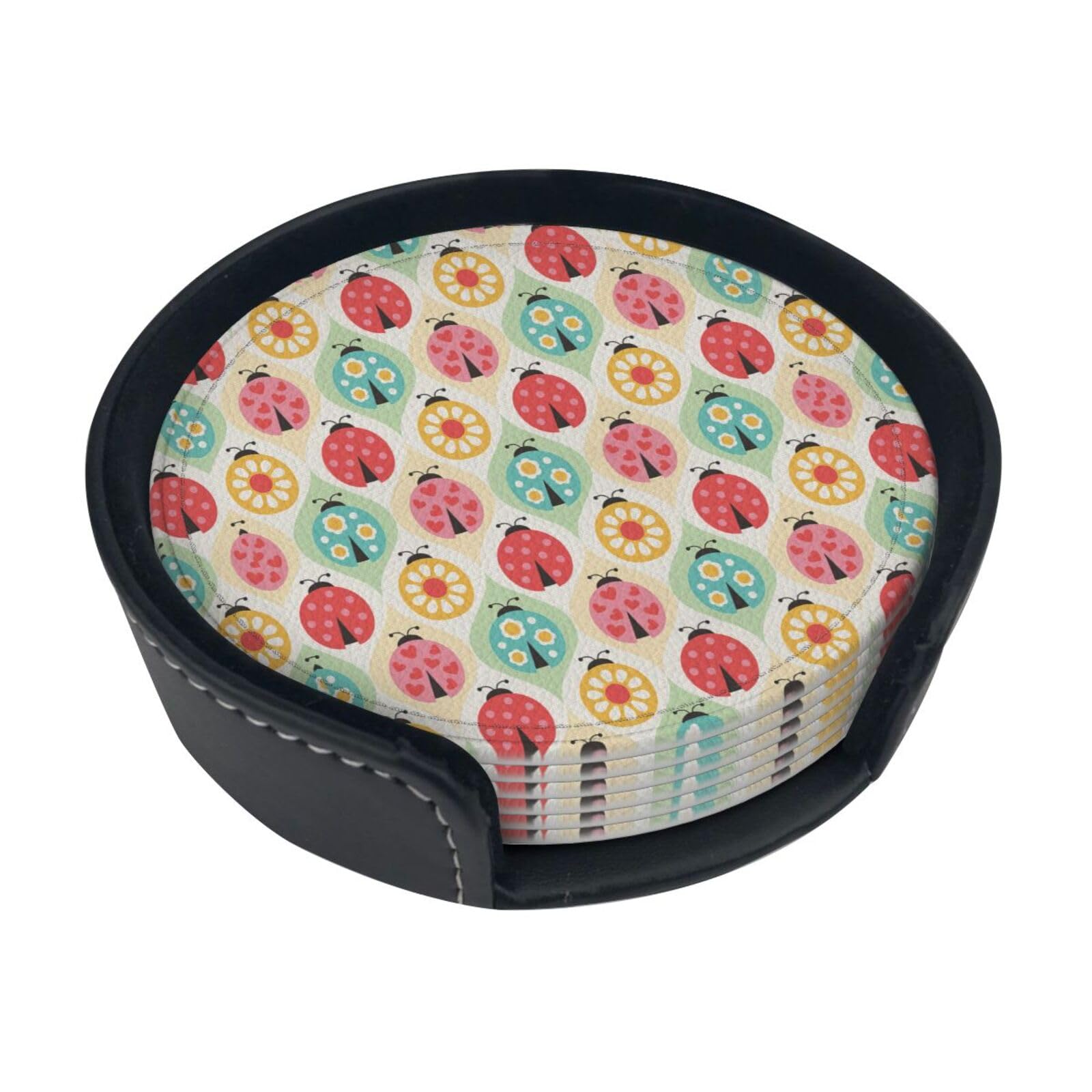 Ladybugs Cartoon Pattern Print Round Coasters Set Of 6,Coaster For Tabletop Protection Home Bar Decor