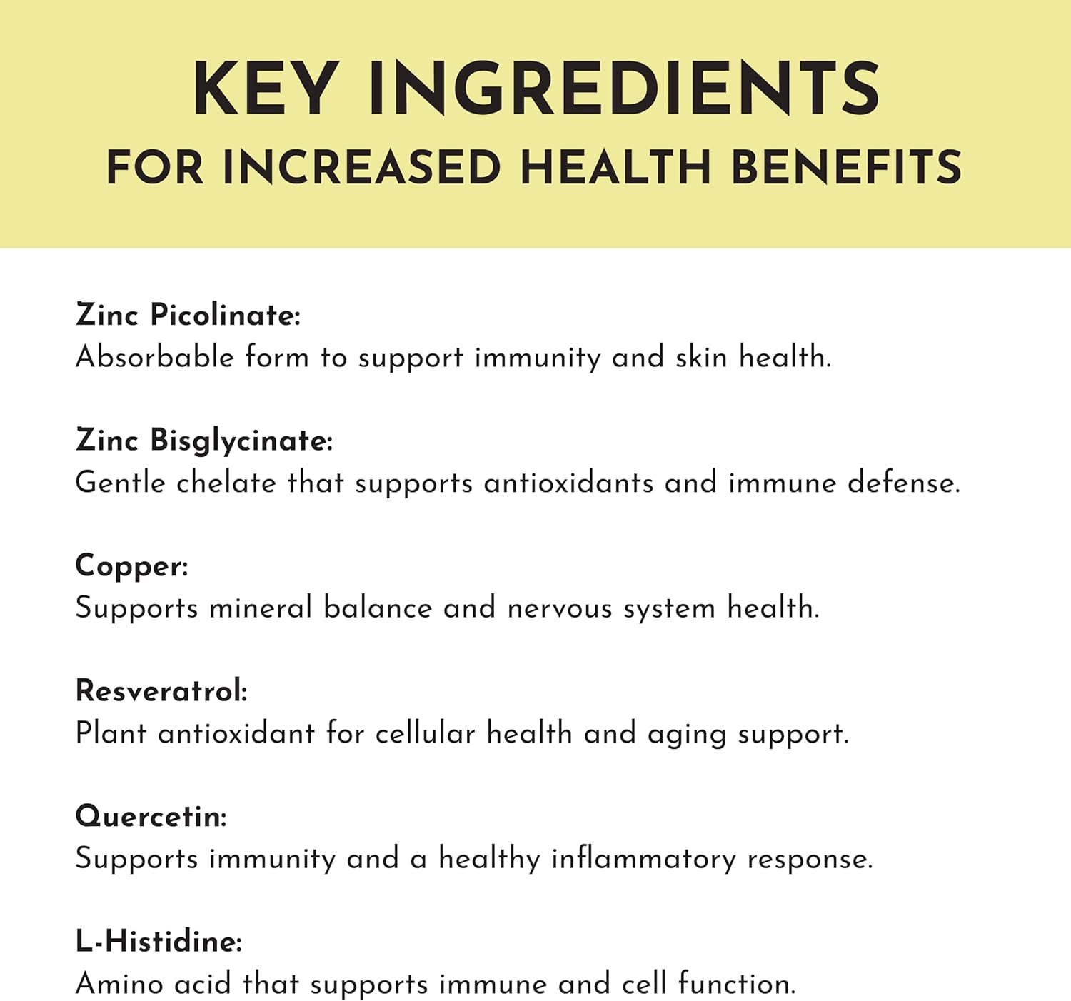 Zinc Complex – Highly Absorbable Supplement with Picolinate & Bisglycinate, Plus Quercetin, Resveratrol, L-Histidine & Copper – Supports Immune Function, Skin, Energy & Cellular Health