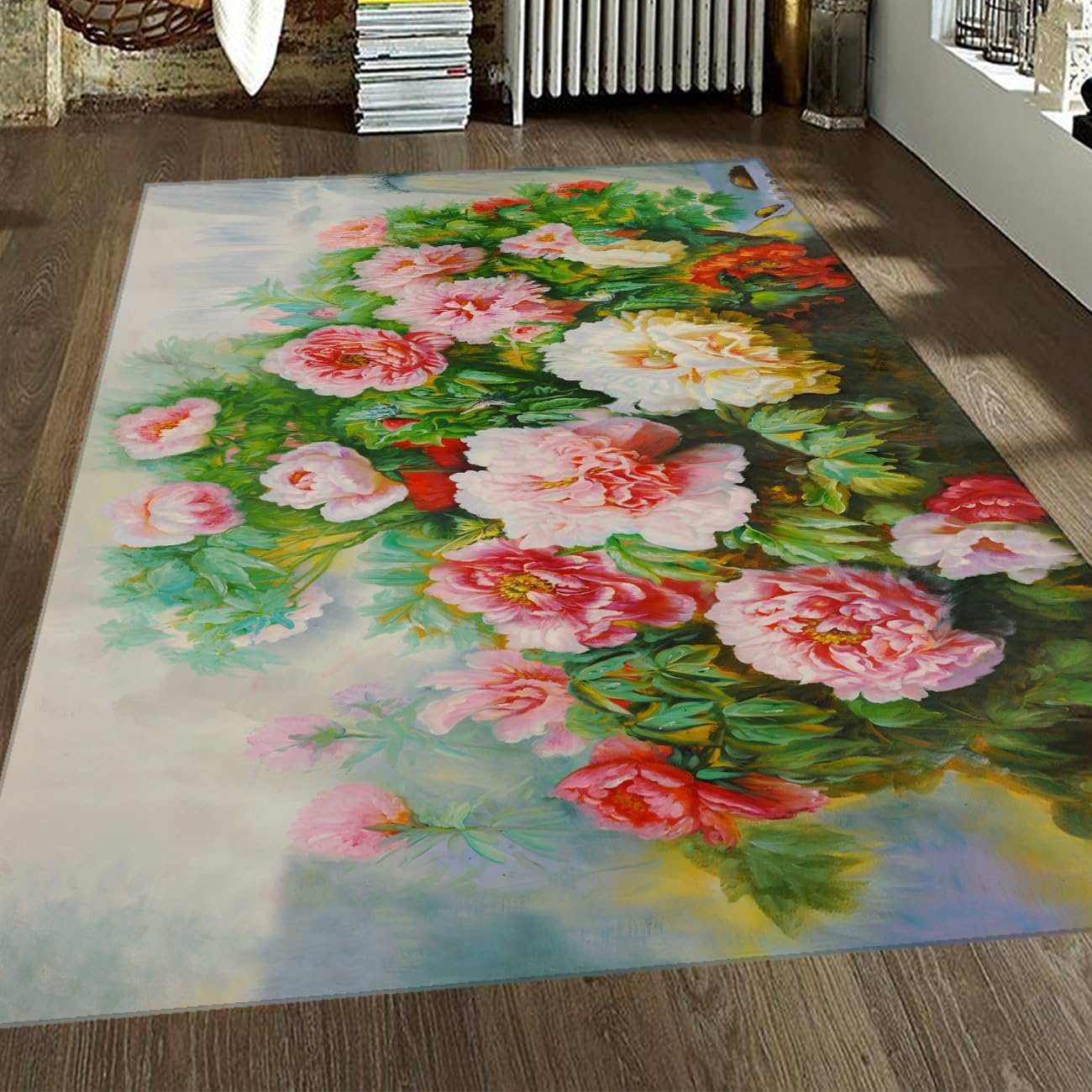Tapis peinture chinoise 160x230 pivoine florale de salon style artistique botanique