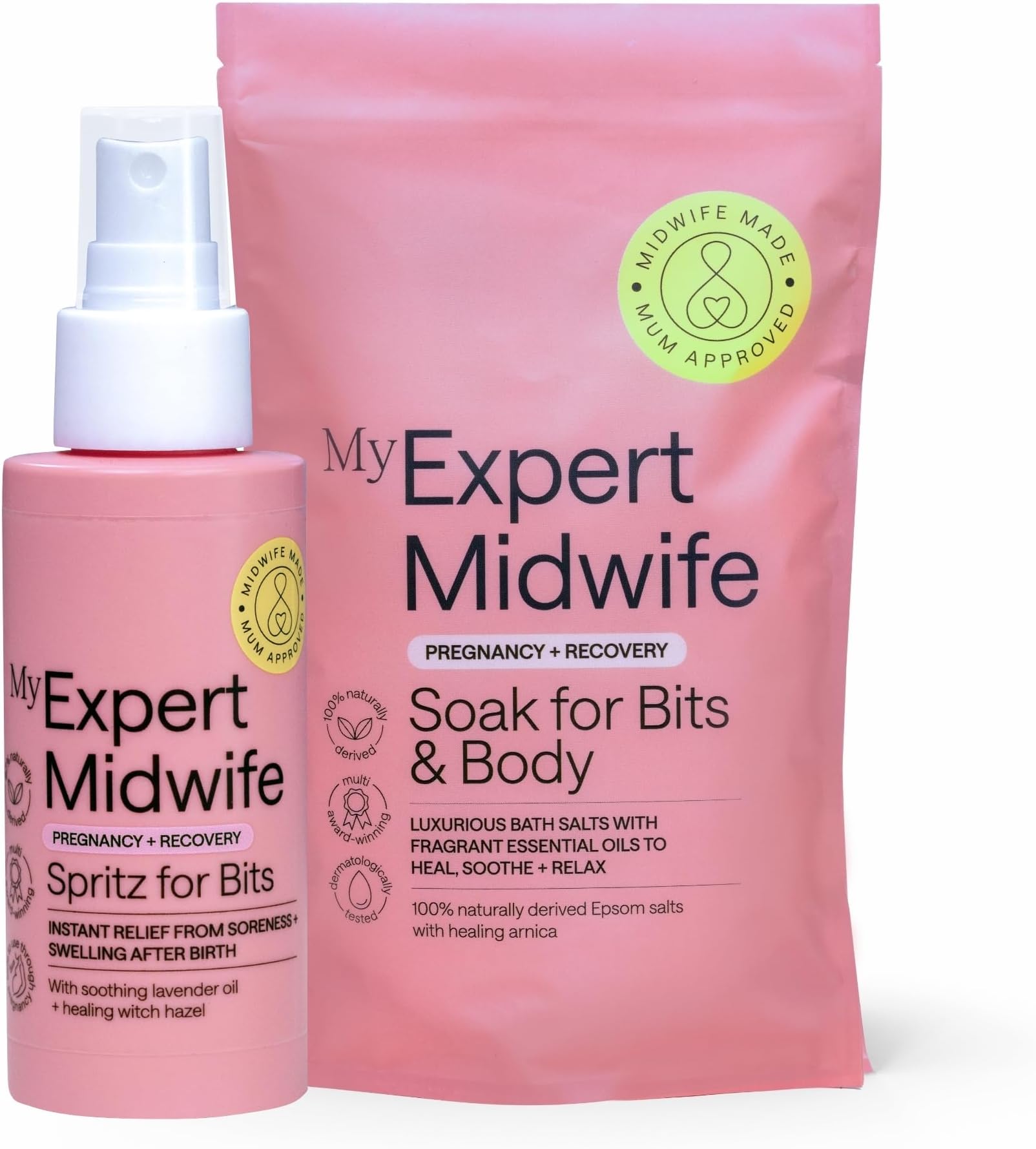My Expert Midwife Birth Postnatal Recovery Essentials with Multi-Award-Winning Perineal Spray Spritz for Bits and Soak for Bits Bath Salts, Soothe Perineum & Calm Aching Muscles (Pack of 2)