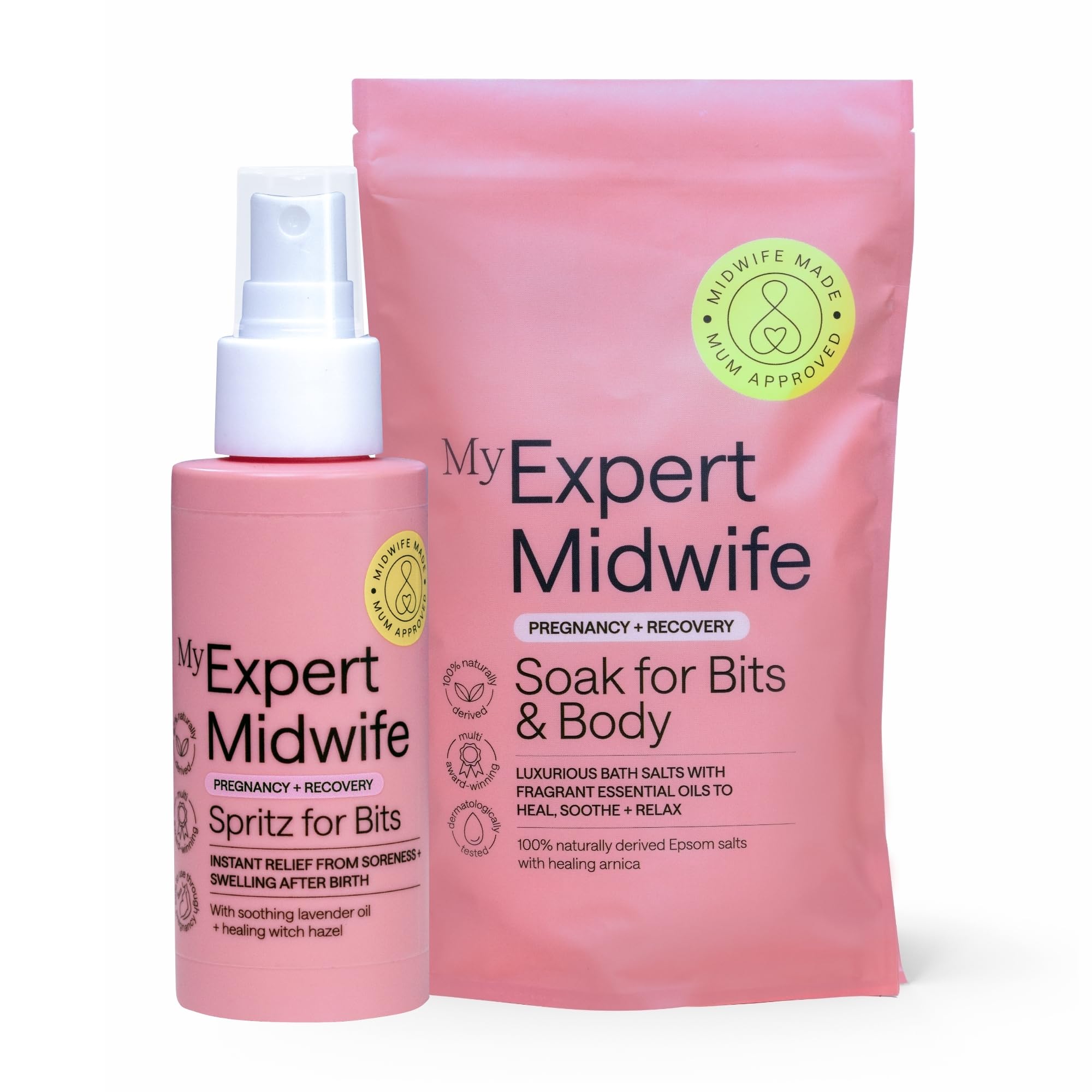 My Expert Midwife Birth Postnatal Recovery Essentials with Multi-Award-Winning Perineal Spray Spritz for Bits and Soak for Bits Bath Salts, Soothe Perineum & Calm Aching Muscles (Pack of 2)