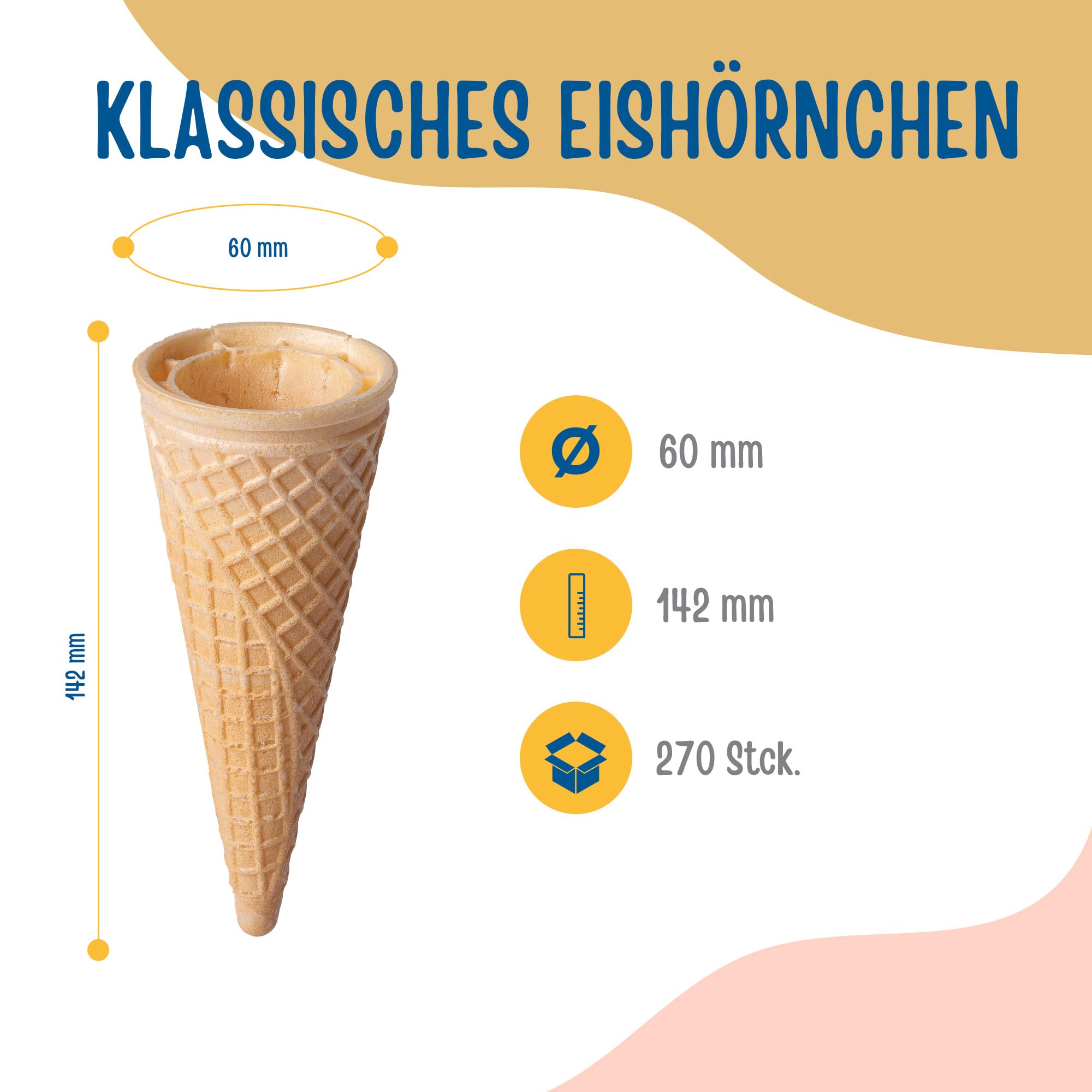 Bazko Klassisches Eishörnchen | halbsüße Eiswaffeln Hörnchen 14,2 cm / 6 cm | 270 Stück | knusprige Eistüten für Softeis, Gelato, Sorbet | vegan