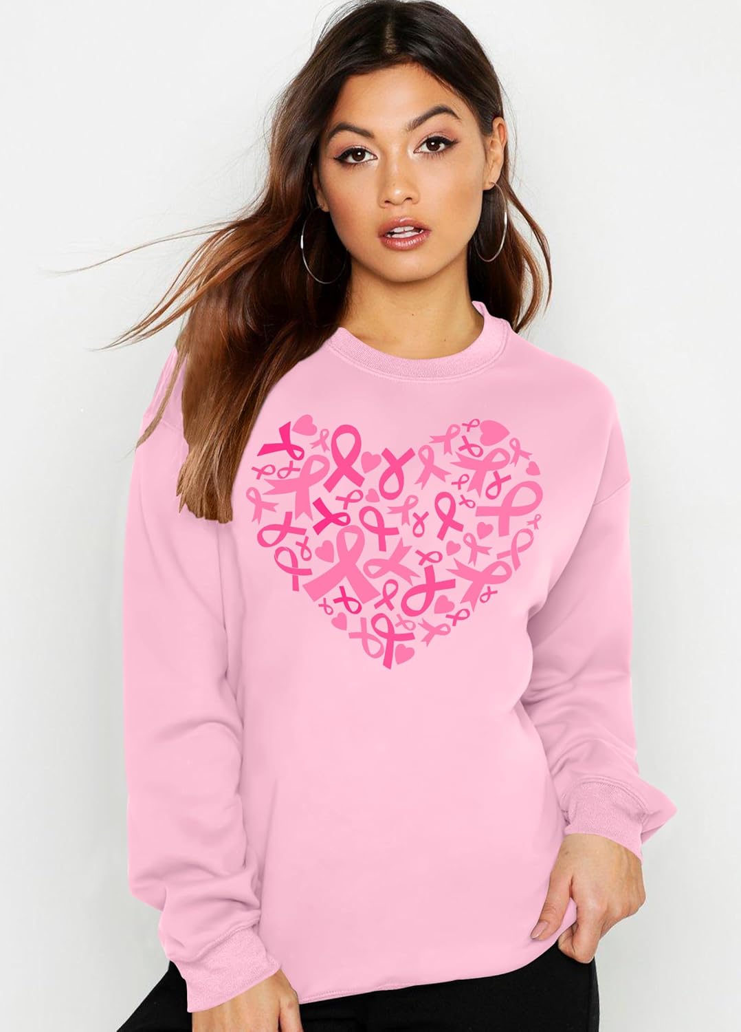 CAZYCHILD Breast Cancer Sweatshirt for Women Pink Ribbon Heart Graphic Shirt Cancer Awareness Gift Pullover