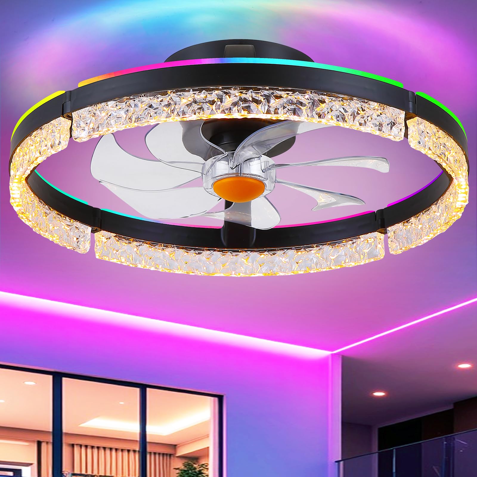 Kviflon Ventilateur de Plafond Sans Pales avec Lampe LED RGB 51cm, Plafonnier Rond Silencieux et Dimmable, Luminaire Design Connecté avec App et Télécommande, Idéal pour Chambre, Salon, Cuisine