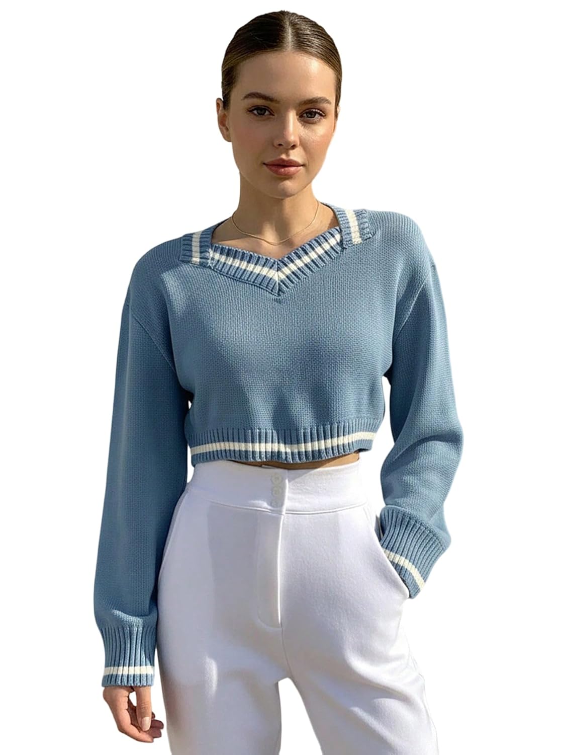 OYOANGLE Womens Striped Trim Cropped Sweater V Neck Long Sleeve Knitwear Pullover Tops