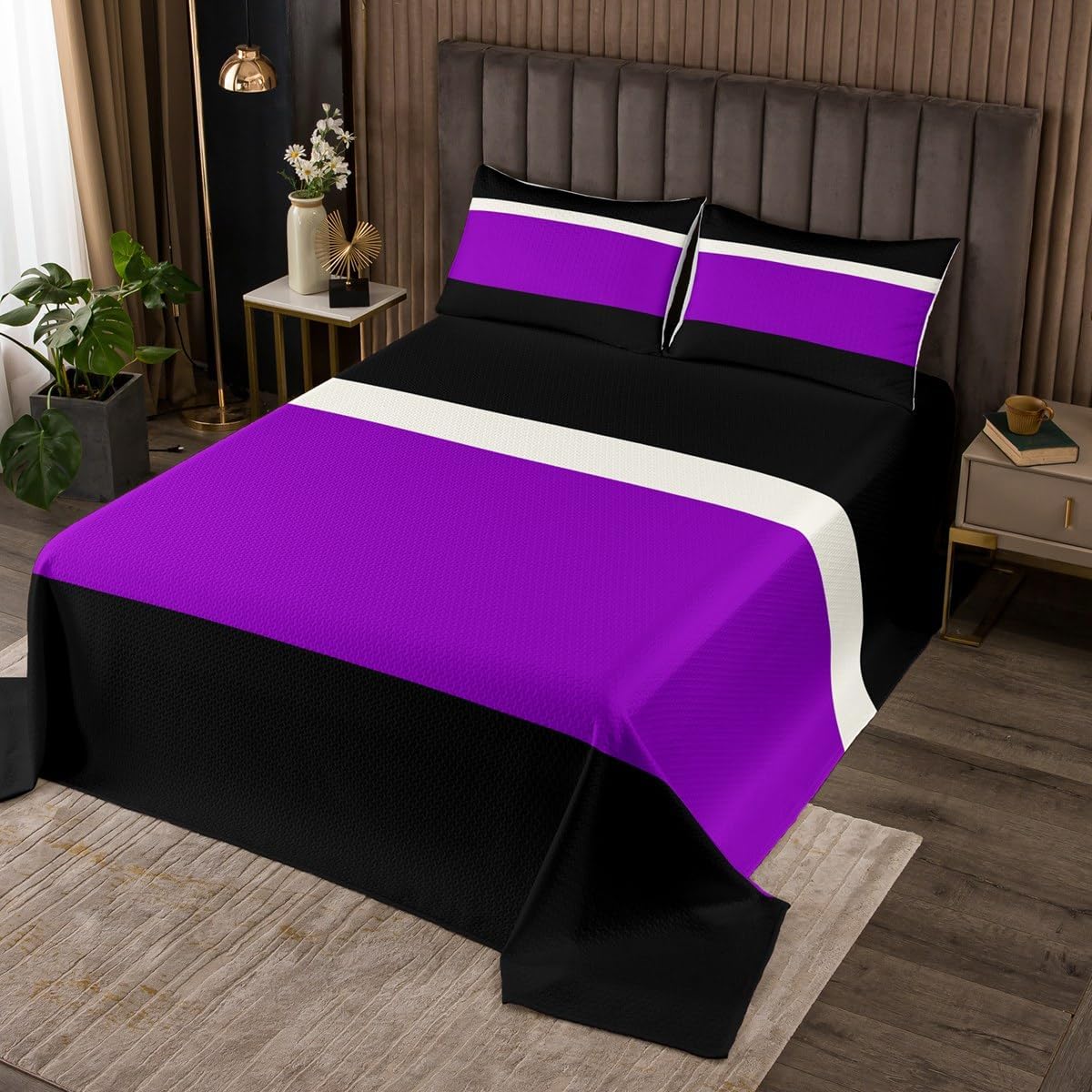 Pink Purple Stripe Coverlet Set Chic Black Patchwork Striped Quilted Coverlet Aesthetic Ombre Geometric Art Comforter Set Bedspreads Quilt Set for Children Kids Coverlet Set,Twin Size 2 Pcs