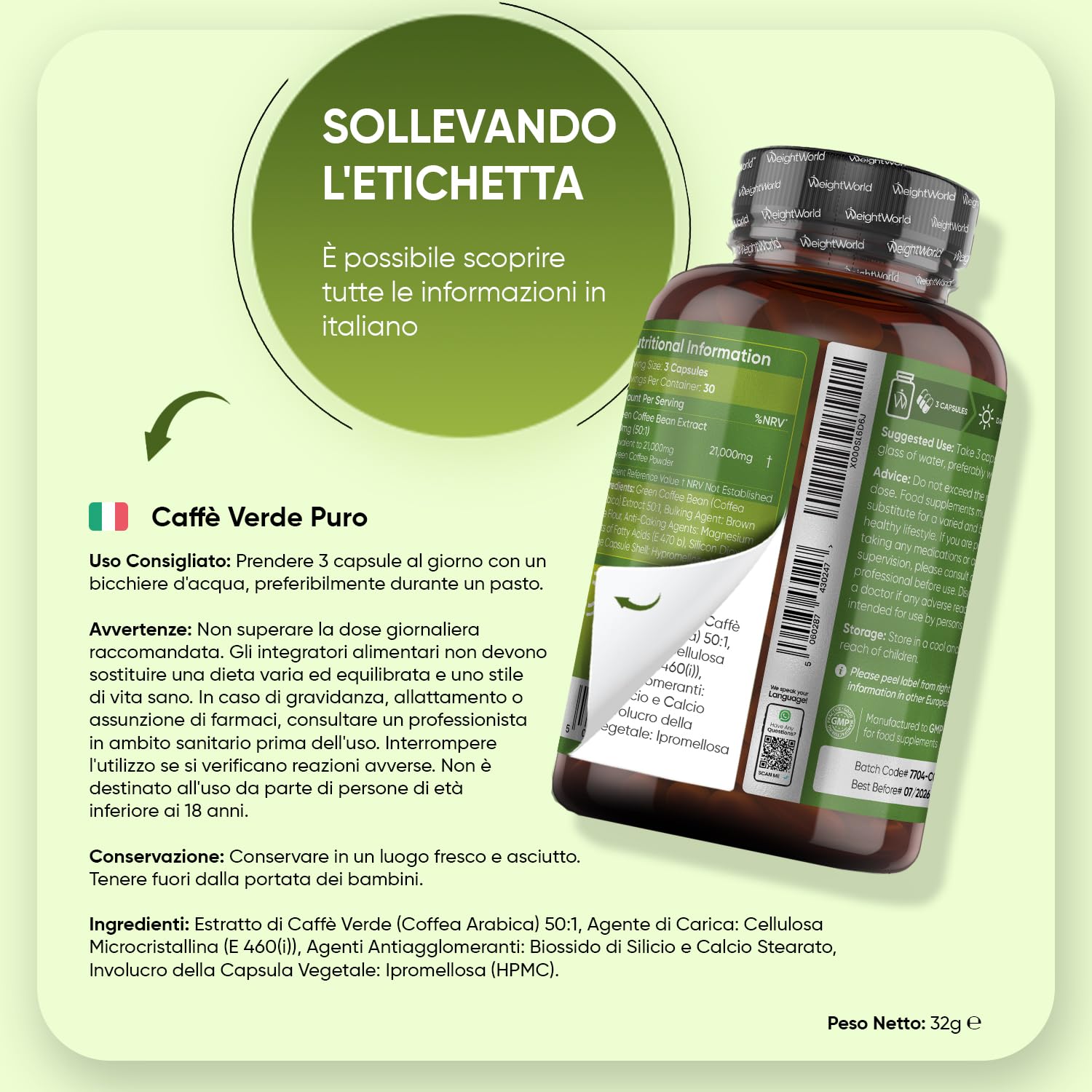 Caffè Verde Puro Vegano da 21.000mg, Estratto 50:1, Fonte Naturale di CGA, 90 Capsule, Caffe Verde dalla Pianta Coffea Arabica, Green Coffee Beans, Senza Magnesio Sterarato e OGM, Prodotto in Europa