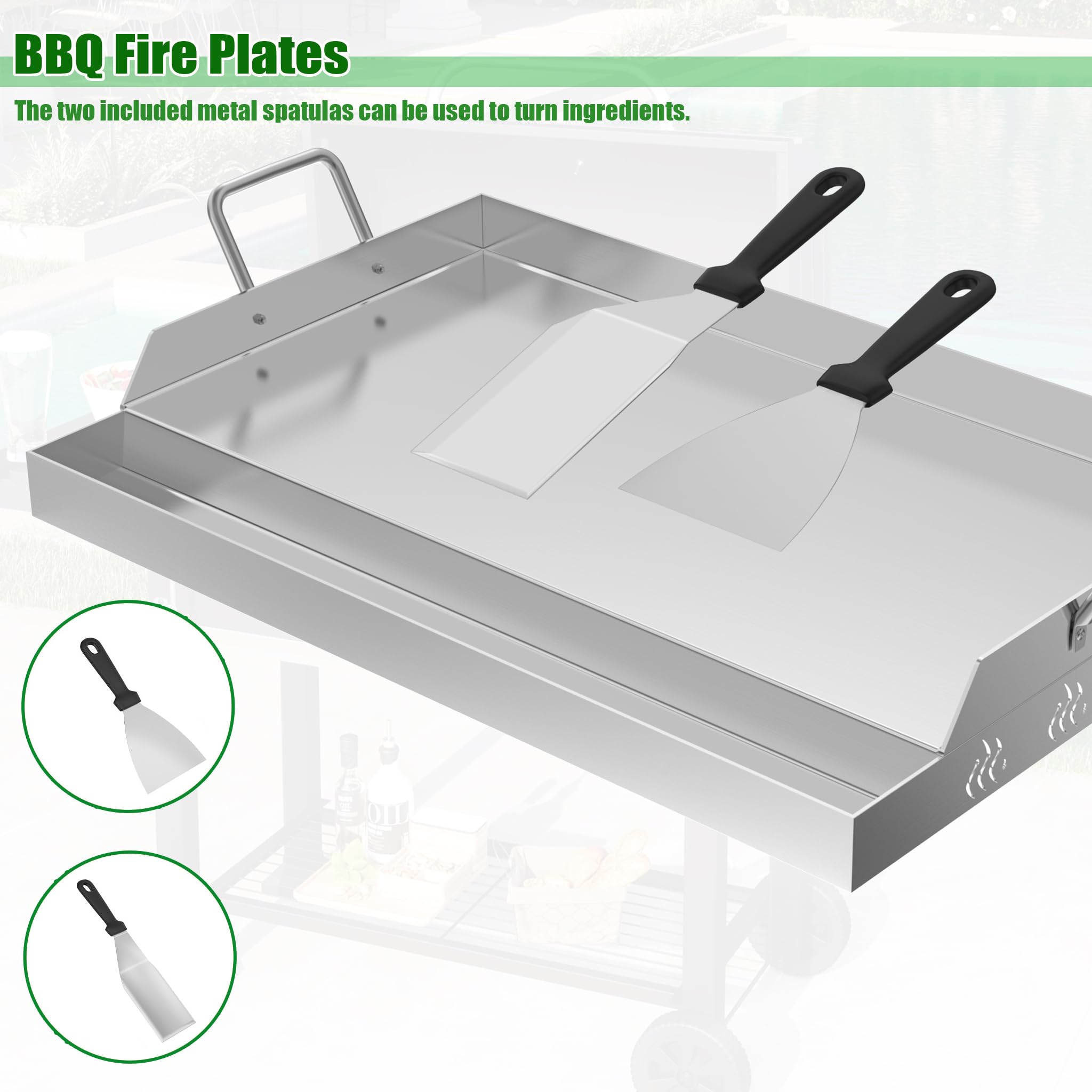 Płyty grillowe Plancha ze stali nierdzewnej, 54 x 32 x 7 cm, zestaw z uchwytem, pojemnikiem na tłuszcz i 2 szpatułkami do grilla, płyta paleniskowa, płyta griddla, do grilla gazowego, grilla