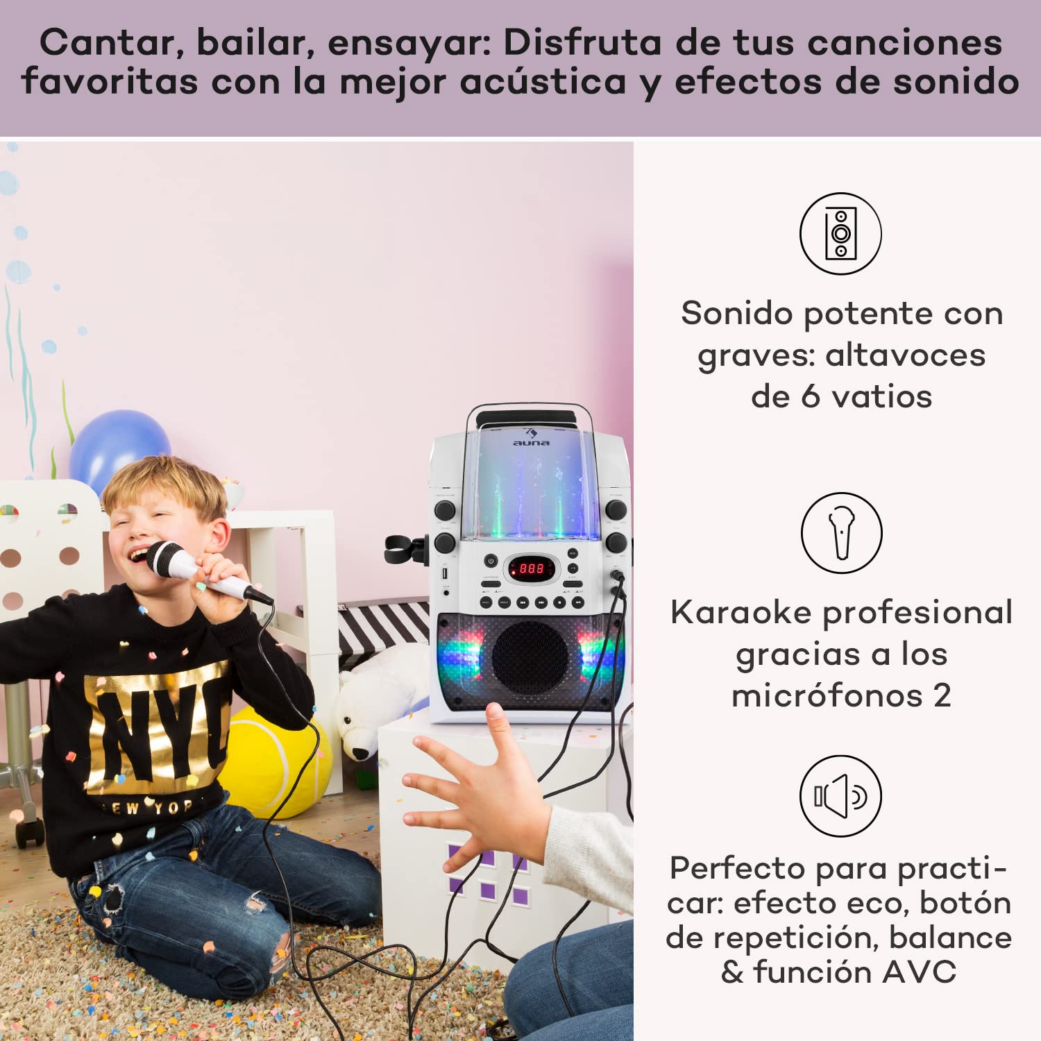 Auna KTV Karaoke con CD y 2 Microfonos Karaoke Portatil para Adultos y Niños, Display de Luces LED, RCA Video, AUX y con Entrada Puerto USB, Microfono Karaoke Infantil, Aparato con Sistema Audio