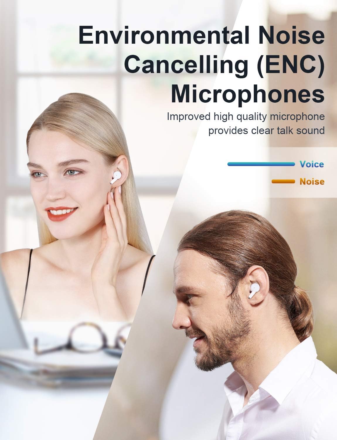 Two people, one woman and one man, wearing Bluedio Ei earbuds, illustrating clear voice and noise reduction.