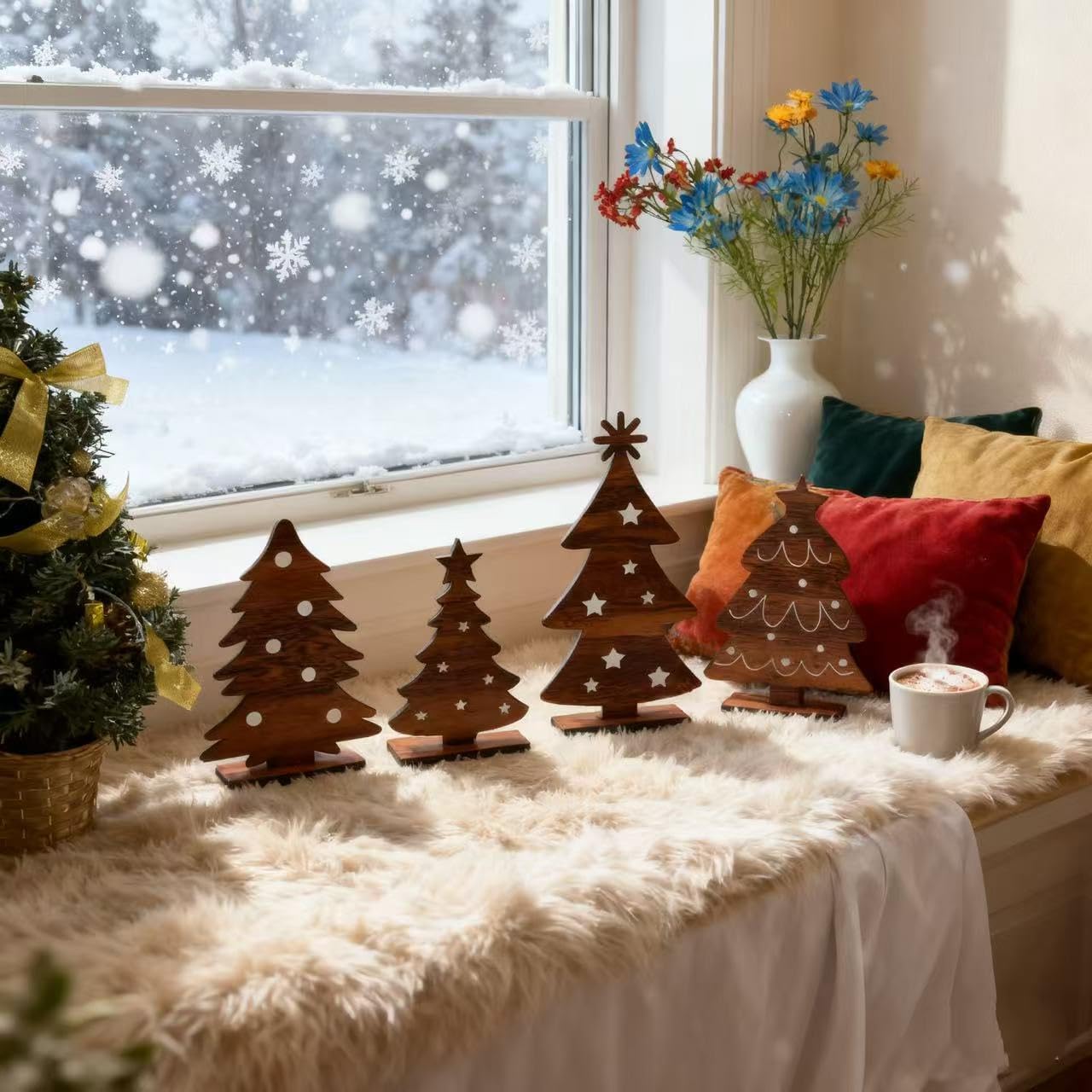 4 Pieces Wooden Christmas Trees Tabletop Decor - Rustic Farmhouse Xmas Centerpieces, Tiered Tray Decor for Home Office Party Holiday - Image 4