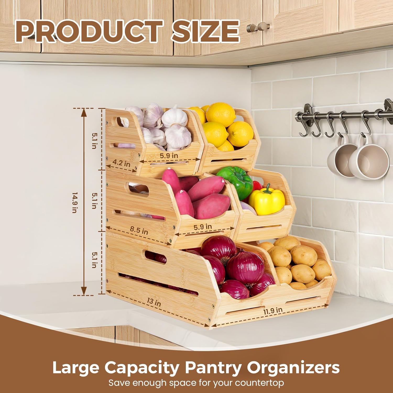 Tfro & Cile Bamboo Potato and Onion Storage Bins Pantry Organizers 3 Tier Stackable Vegetable Baskets Multipurpose Fruit Organization Containers for Kitchen - Set of 5
