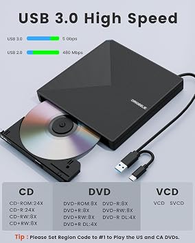 ORIGBELIE External CD DVD Drive, Portable USB C & A DVD Optical Disc Drive