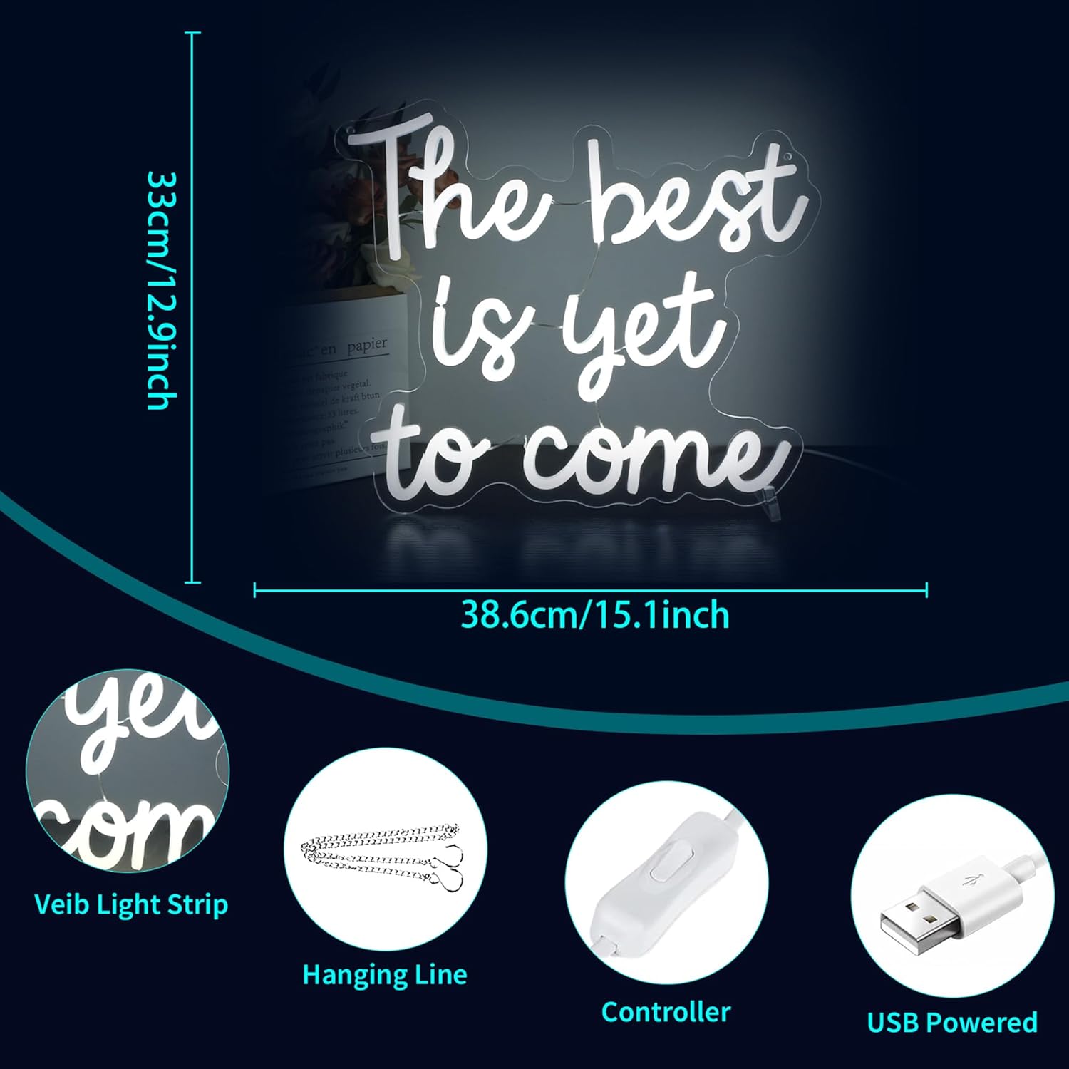 Neon Sign, HSJNJKFU The Best is Yet to Come Neon Signs for Wall Decor White Led Light Sign for Man Cave Room Home Party Birthday Wall Decor - USB Powered