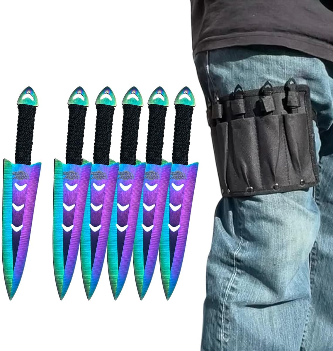 Falcon Throwing Knife Set – 6” Double-Edged 440 Stainless Steel Throwing Knives (6-Piece Set) with Paracord Handle & Black Sheath | Target Practice, Martial Arts & Collection (Rainbow)