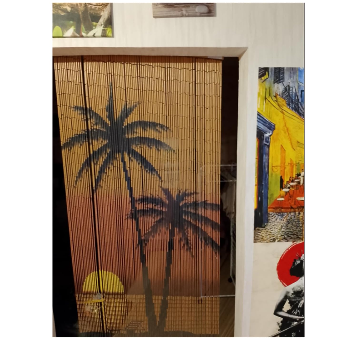 Sunset Palm Tree Bamboo Beaded Curtains for Doorways, Door Beads Curtains, Hanging Bamboo Curtain