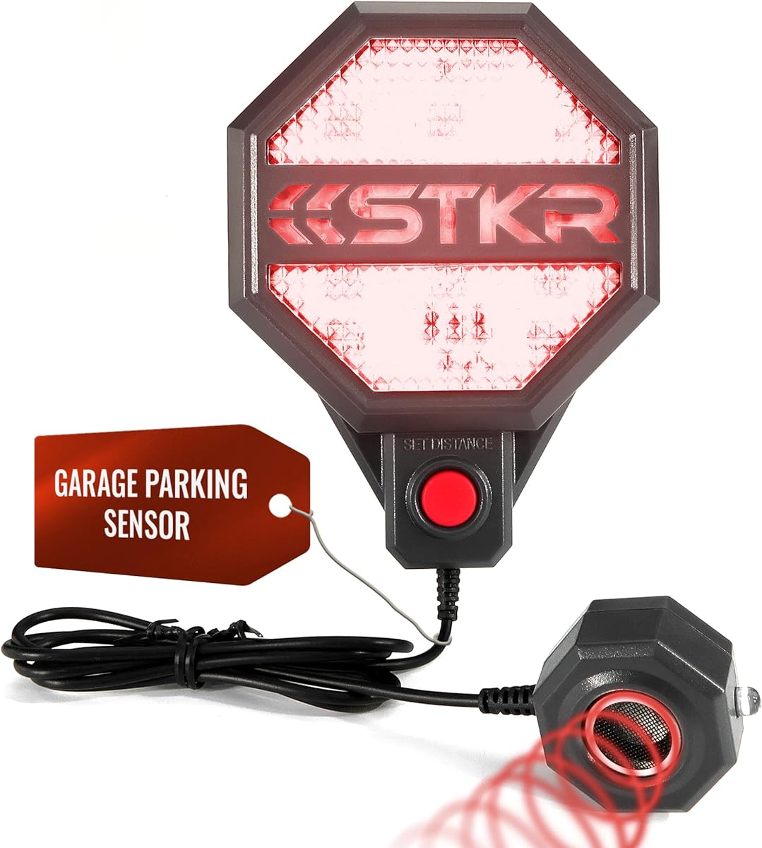 STKR Garage Parking Sensor – Adjustable Ultrasonic Car Stop Assistant with Red/Yellow/Green LED Display – Set Stop Distance 6"–6 ft – Battery or USB Powered – Easy Wall-Mount Install – Dark Grey