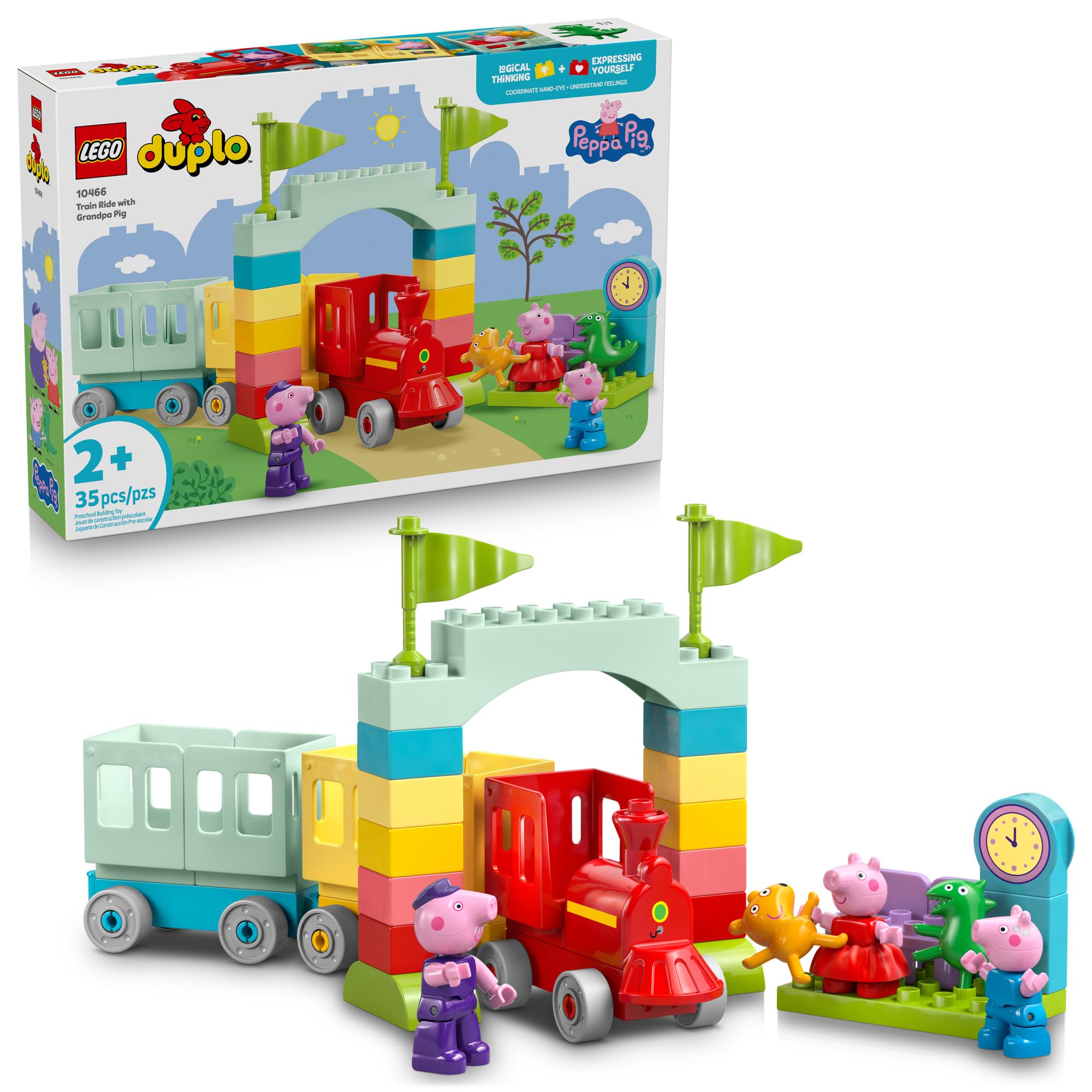 lego duplo peppa pig train ride with grandpa pig building toy - train toy for toddlers, ages 2+ - sensory toy for girls & boys - w/ 3 figures - birthday gifts for kids - 10466