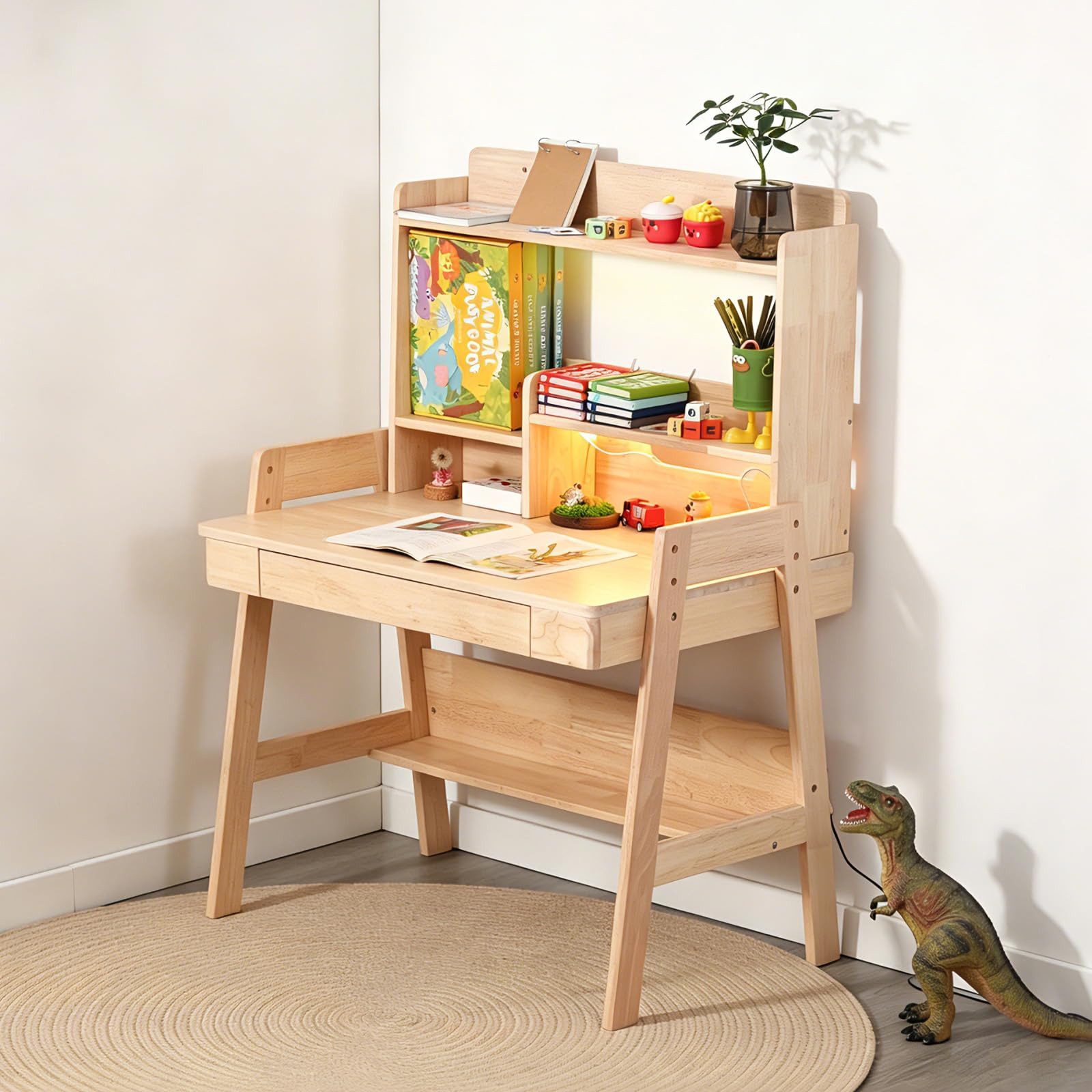 Kindertisch, Höhenverstellbarer Kinderschreibtisch aus Massivholz, Naturfarben, mit LED-Lichtleiste, USB-Anschluss, Schublade & Stauraum, kindgerecht, für Kinder ab 6 Jahren (84x60x127.5cm)