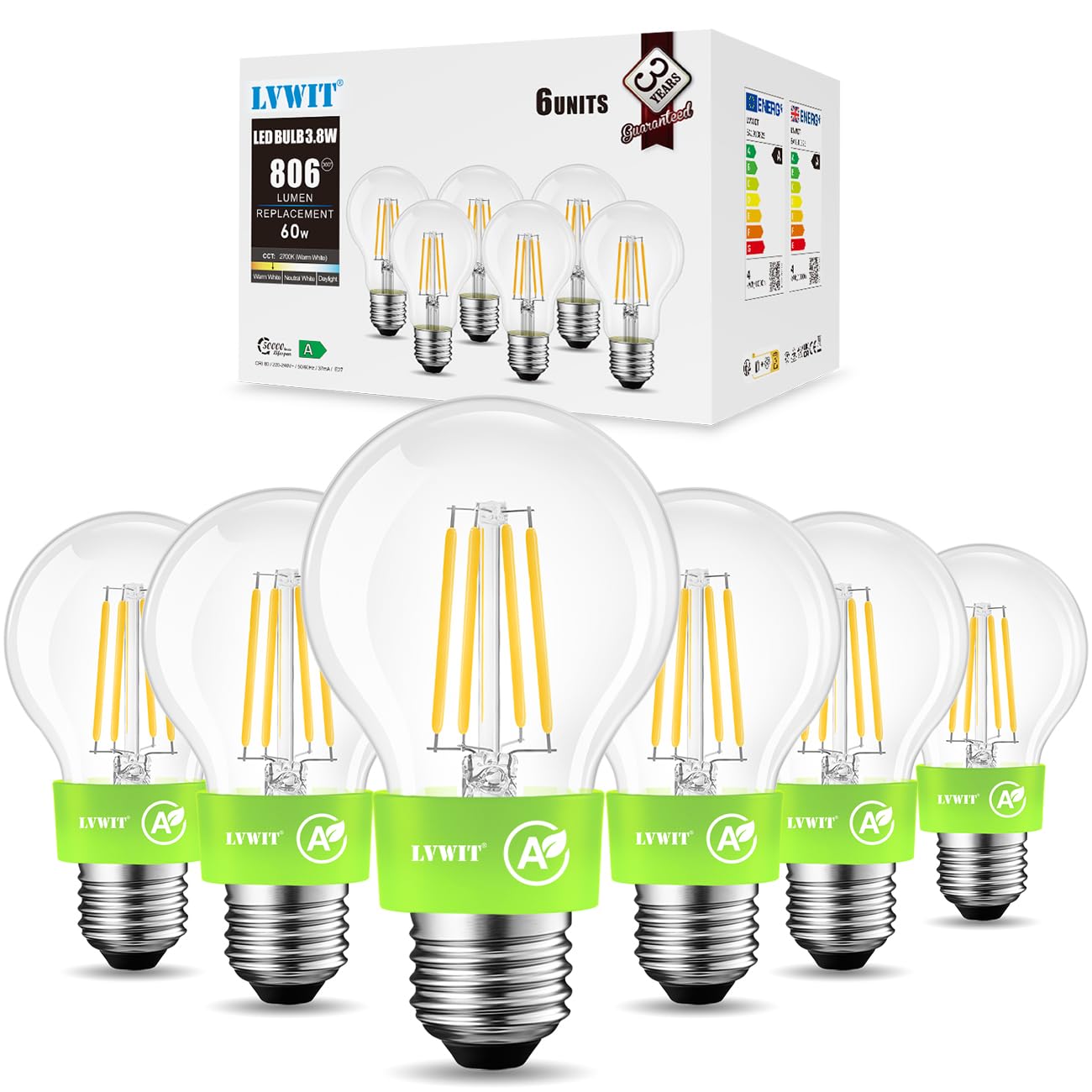 LVWIT LED E27 Bulbs,E27 Screw Bulb,Ultra-Efficient Class A Led Light Bulb, 3.8W (60W Equivalent),806LM, Warm White 2700K GLS Edison Screw Bulb,Clear Filament Bulb A60,Non Dimmable, Pack of 6