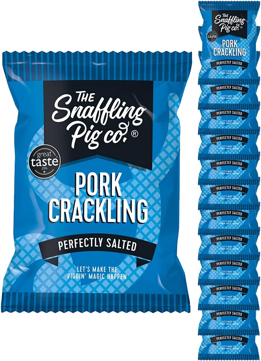 Snaffling Pig Perfectly Salted Pork Crackling 45g (12 Packs) Low Sugar High Protein Keto Savoury Snack