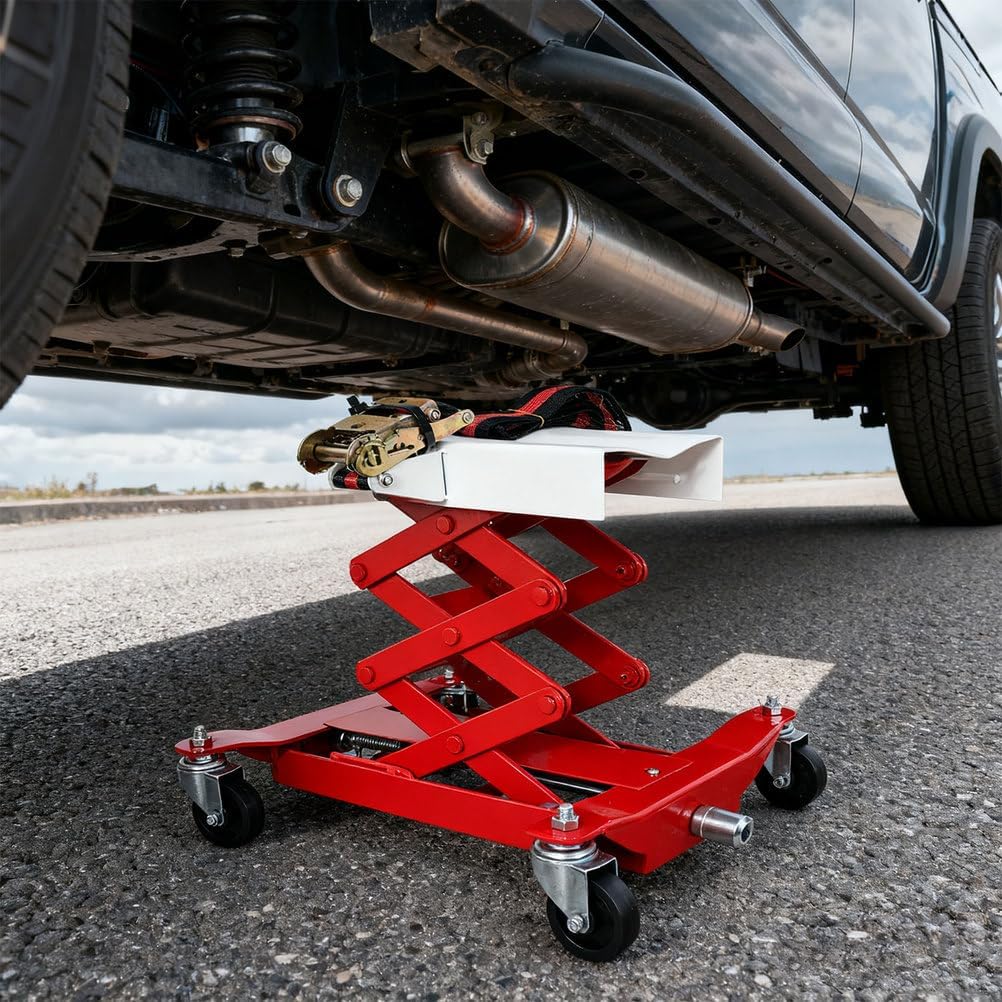 450 LBS Low Lift Transmission Jack, 7"–23" Adjustable Height, Heavy-Duty Steel Auto Repair Jack with Nylon Safety Strap & 4 Swivel Casters for Transmissions and Gas Tanks, Red