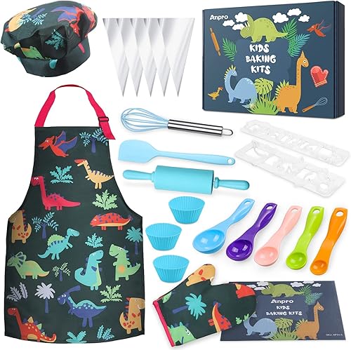Anpro Juego completo de cocina y horneado para niños, 27 piezas, incluye delantales para niños, sombrero de chef, guante y utensilio