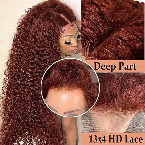 Miniatura 3 de Siyun Show Pelucas de cabello humano con encaje frontal de 13 x 4, color marrón rojizo y ondulado profundo, para mujeres negras, predepiladas, 26