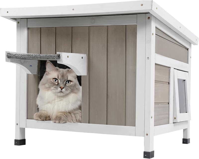 Ketive Outdoor Cat House for Feral Cats Weatherproof Cat Shelter | Wooden Pet Small Houses Indoor Cat Condo with Escape Door & Openable Asphalt Roof to Enhanced Safety, Simple Assembly