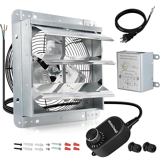 Hiorucet 10 Inch Wall Mounted Shutter Exhaust Fan with Thermostat and Speed Controller for Garage, Greenhouse, Shop, Attics, Chicken Coop, Shed, Basement, 844CFM 1606RPM Low Noise Louvered Exhaust Fan