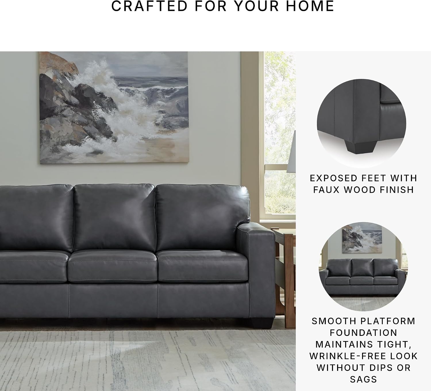 Signature Design by Ashley Blue Leather Match Sofa, No Assembly Required | Combination of leather and faux leather, Anti-sag platform foundation, Track arms, Faux wood feet, Bolsena Series