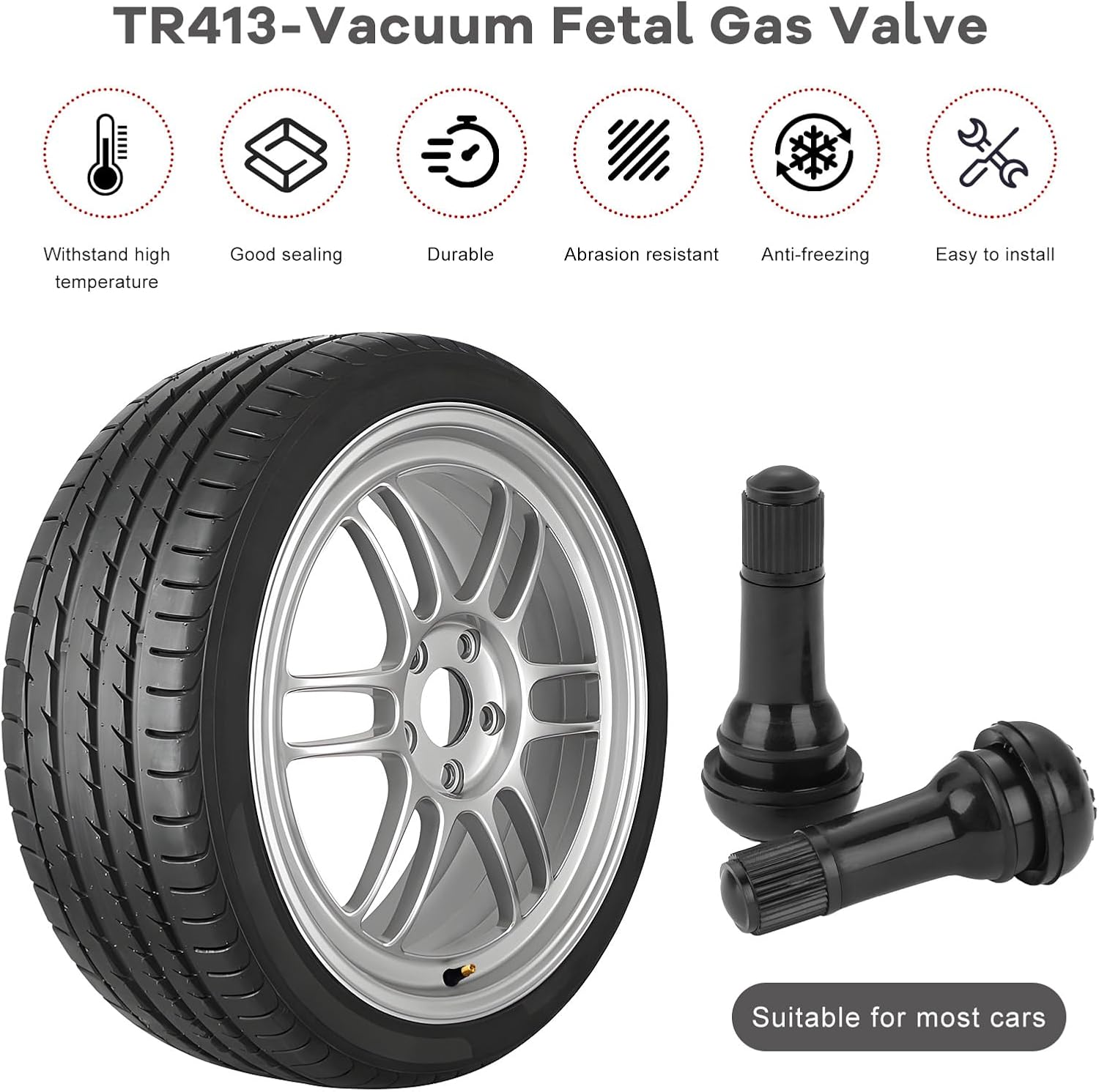 10 PCS TR413 Rubber Snap-in Tire Valve Stems, Tubeless Standard Rubber Valve Stem Fit 0.45 Inch Rim Holes, Universal Tire Valves Stems Replacement for Cars Go Karts Trucks