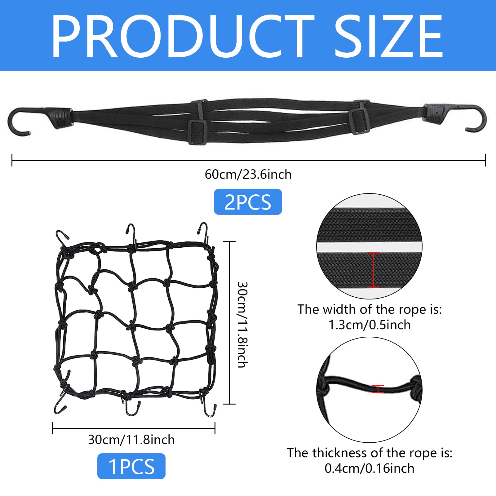 Filet élastique Noir 40x40 Cm Pour Fixer Les Bagages Sur Vélo, Scooter Ou Moto - Lot Avec 6 Crochets Et 4 Mousquetons