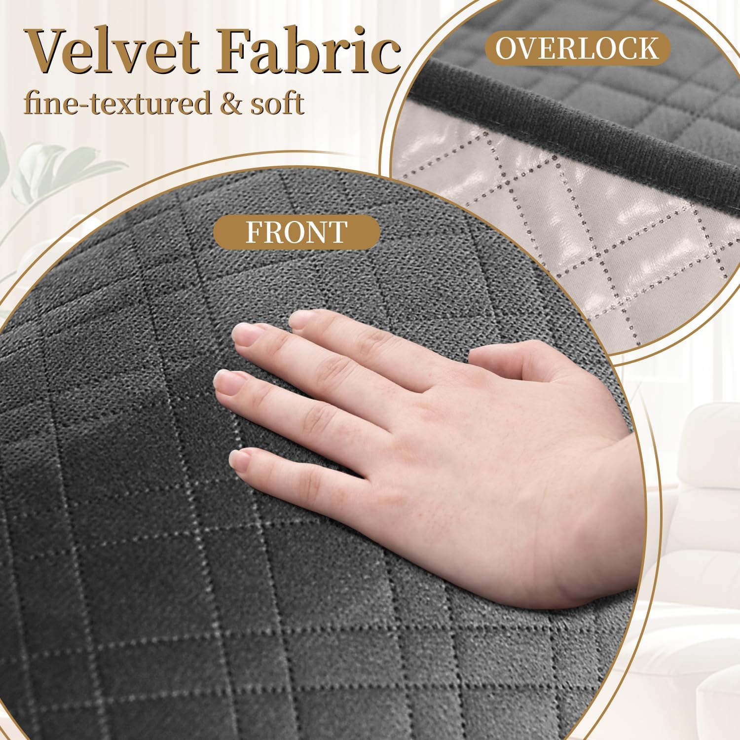 Velvet 100% Waterproof Couch Cover for Dogs Washable Sofa Covers for 3 Cushion Couch Pet Friendly Sofa Slipcovers Set Non Slip Quilted Furniture Protector with Pockets (Large, Dark Grey) - Image 6