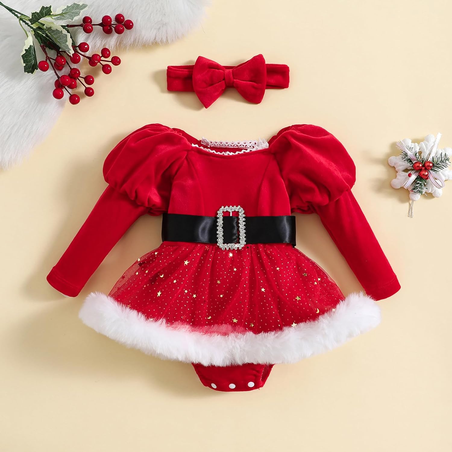 YINGISFITM My First Christmas Baby Girl Outfit Newborn Furry Santa Cute Red Christmas Dress Romper Xmas Clothes - Image 2