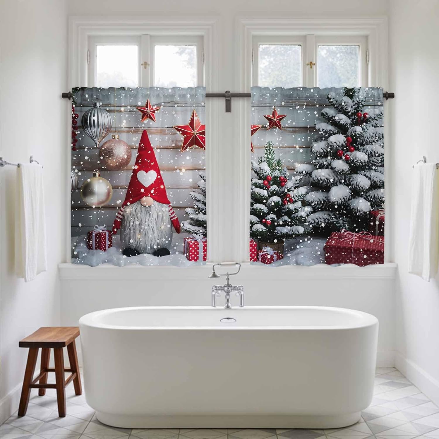 Christmas Gnomes Kitchen Tier Curtains 45 Inch Long 2 Panel Set,Rod Pocket Short Window Treatment,Winter Farmhouse Xmas Balls Tree Light Filtering Curtains & Drapes for Bathroom Basement 27.5"W x 45"L