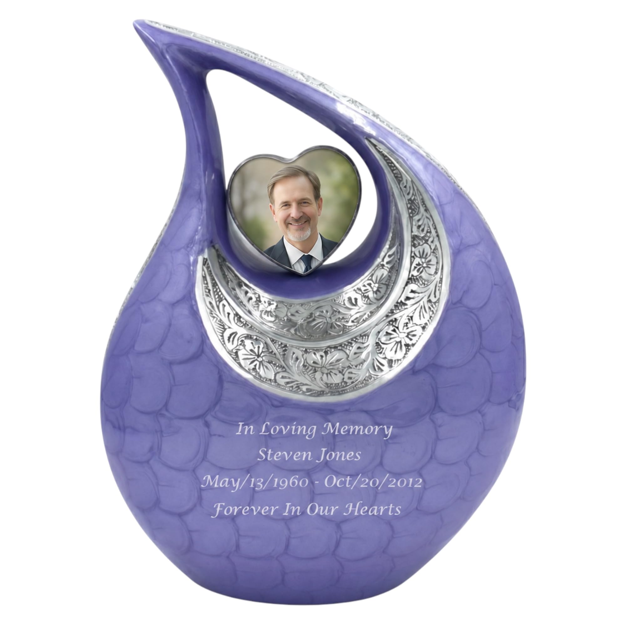 Purple Teardrop Cremation Urn for Human Ashes with Personalized Photo Heart — image 1