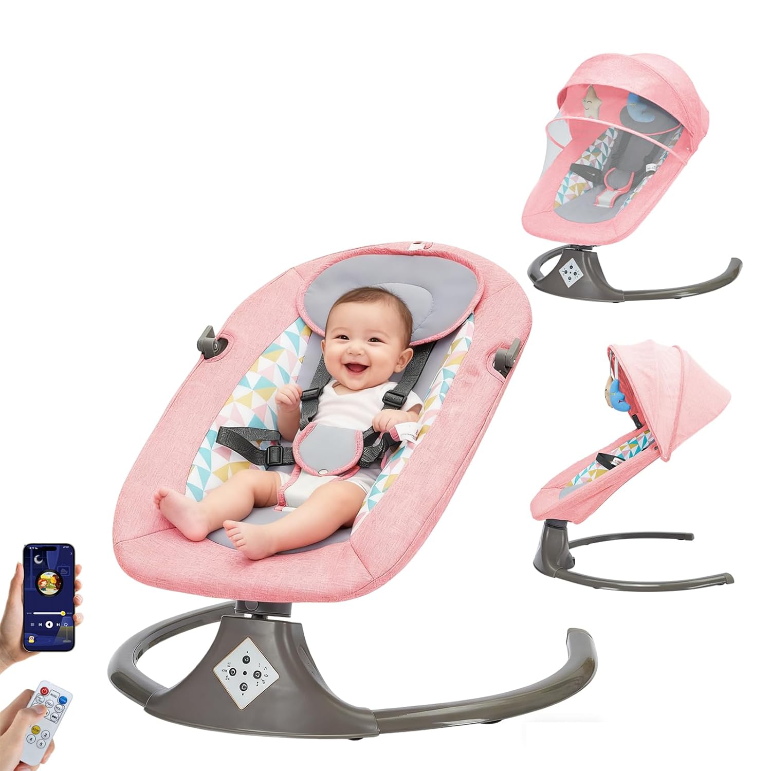 Electric Baby Swing for Infants to Toddler, Large-Size Portable Baby Bouncer Seat with Remote Control, Bluetooth Music, 5-Point Harness, Baby Swings for Babies up to 22 Ibs (0-9 Months) (Pink)