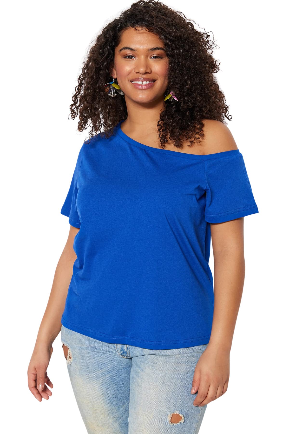 Trendyol FeMan Plus Size Regular fit Basic Boat Neck Knit Plus Size Blouse,Sax,2XL