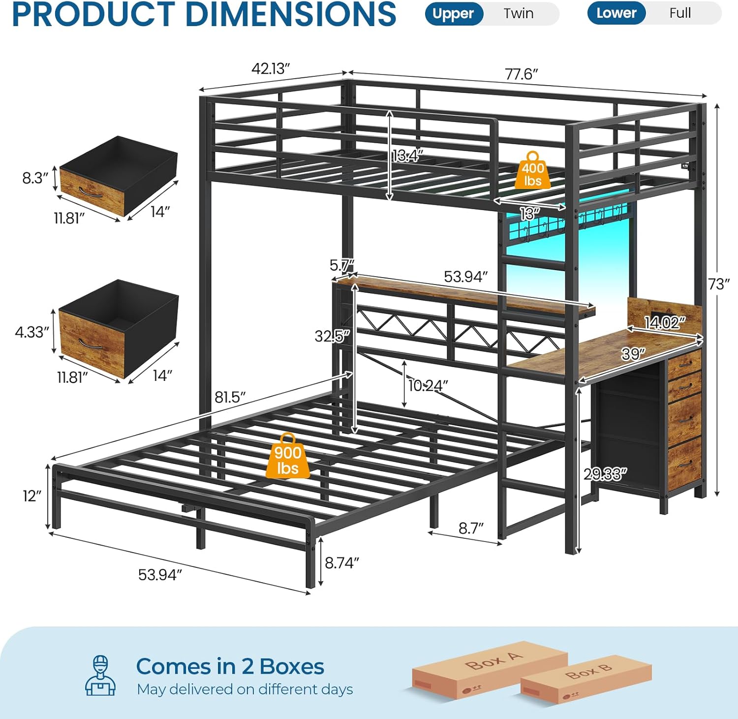Twin Over Full Size Bunk Bed with Desk, 4 Storage Drawers and Practical Headboard, Bunk Bed for Kids/Teens with Charging Station & LED Lights, Heavy-Duty Metal Bed Frame with Safety Guardrail & Ladder