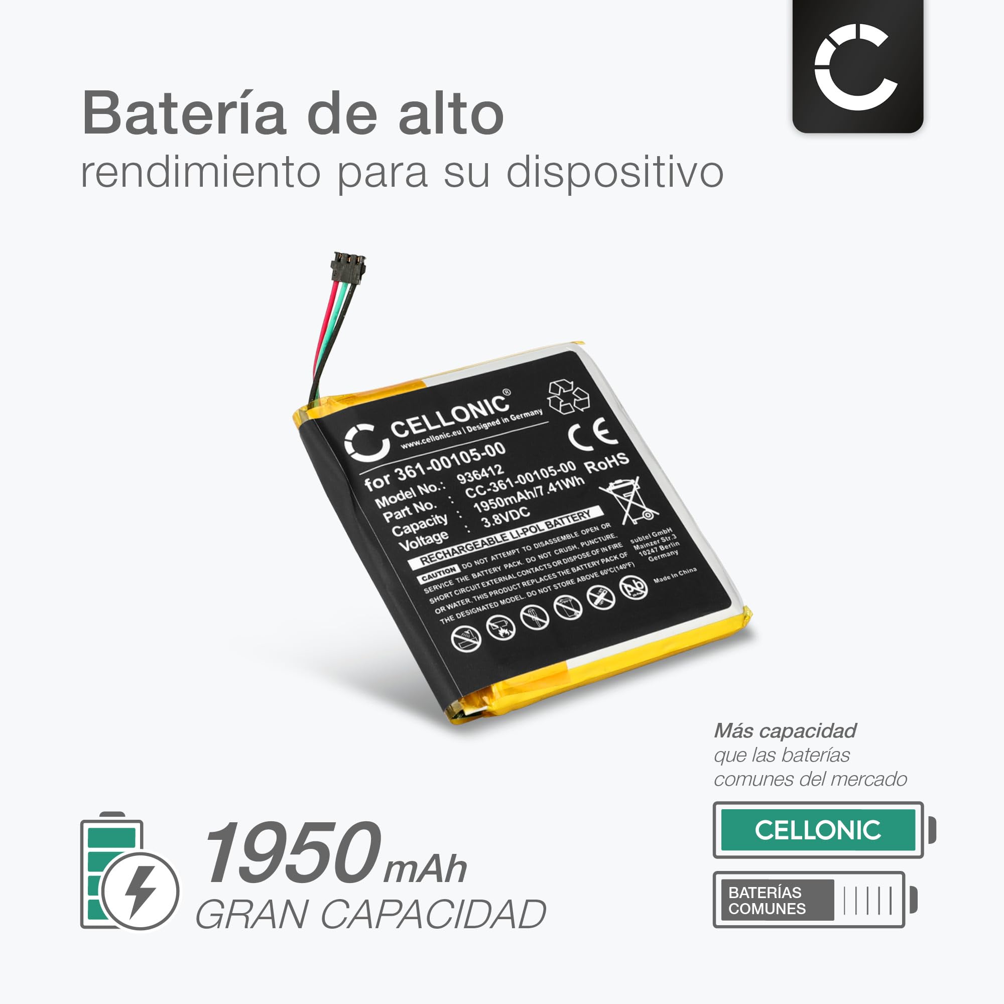 CELLONIC 1x Batería para GPS Navegación Compatible con Garmin Edge 1030, 361-00105-00 - (1950mAh, 3.8V) + Juego de Herramientas