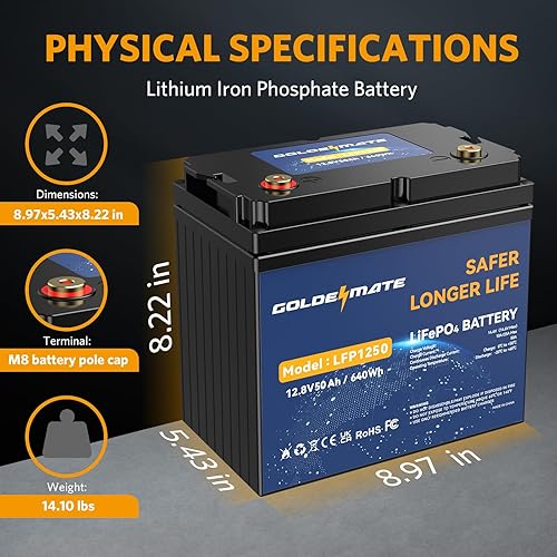 Miniatura 3 de GOLDENMATE Batería LiFePO4 de 12 V 50 Ah, 10 años de vida útil más de 5000 ciclos, potencia máxima de 640 Wh, batería recargable de fosfato de